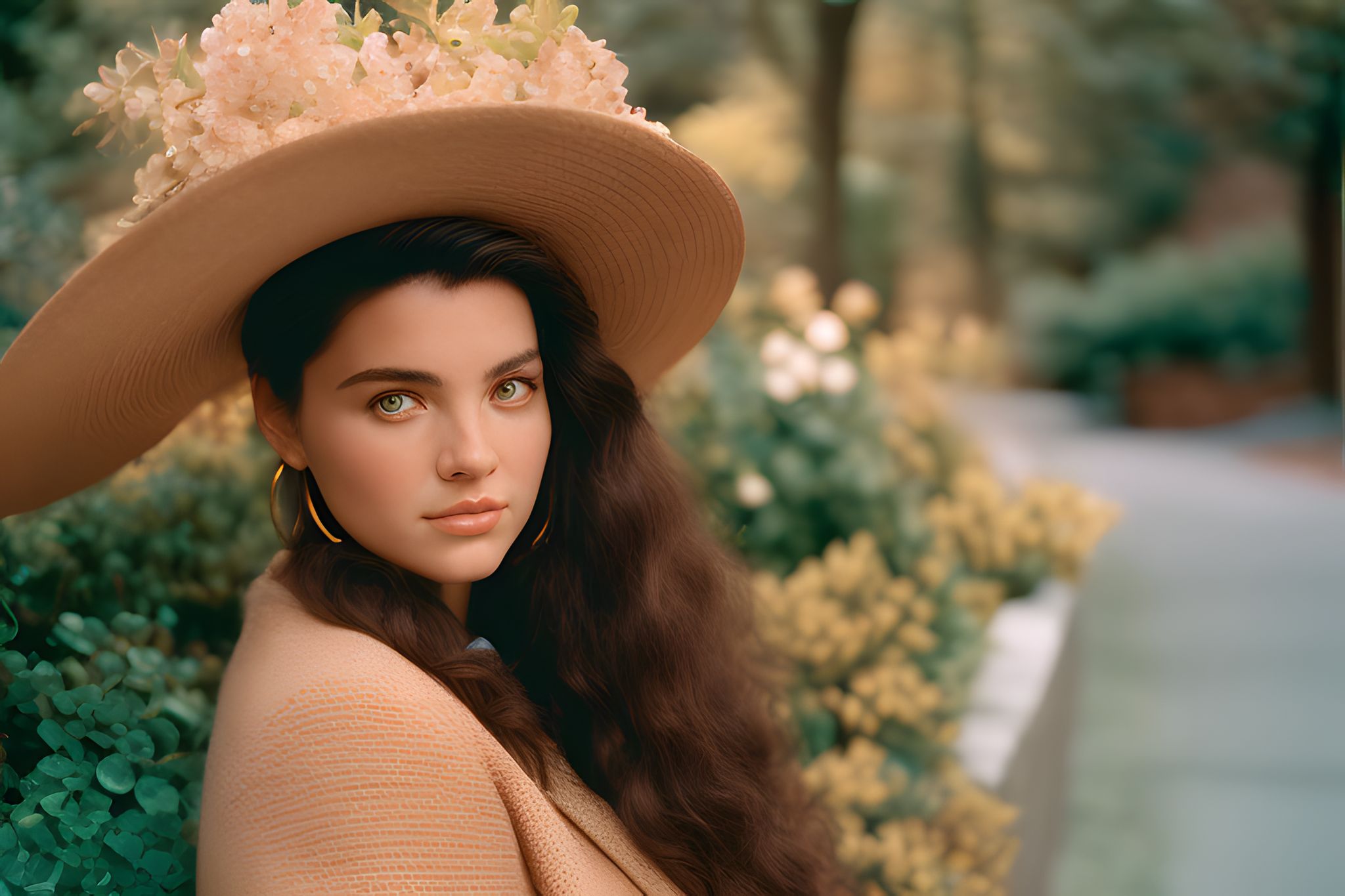 Portrait of a woman with long brown hair wearing a large, wide-brimmed hat adorned with flowers.