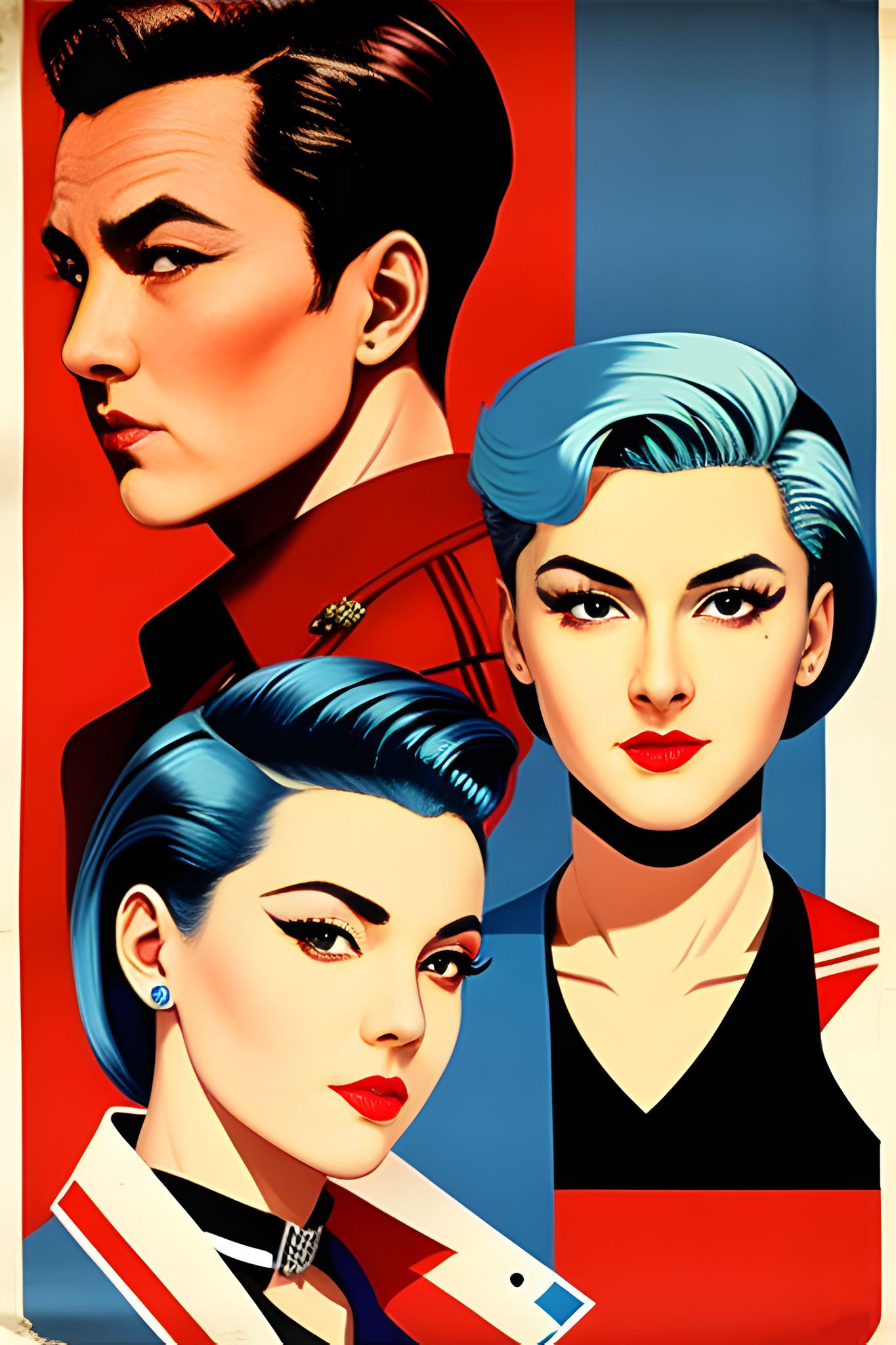 Stylized portrait of a man and two women with teal hair.