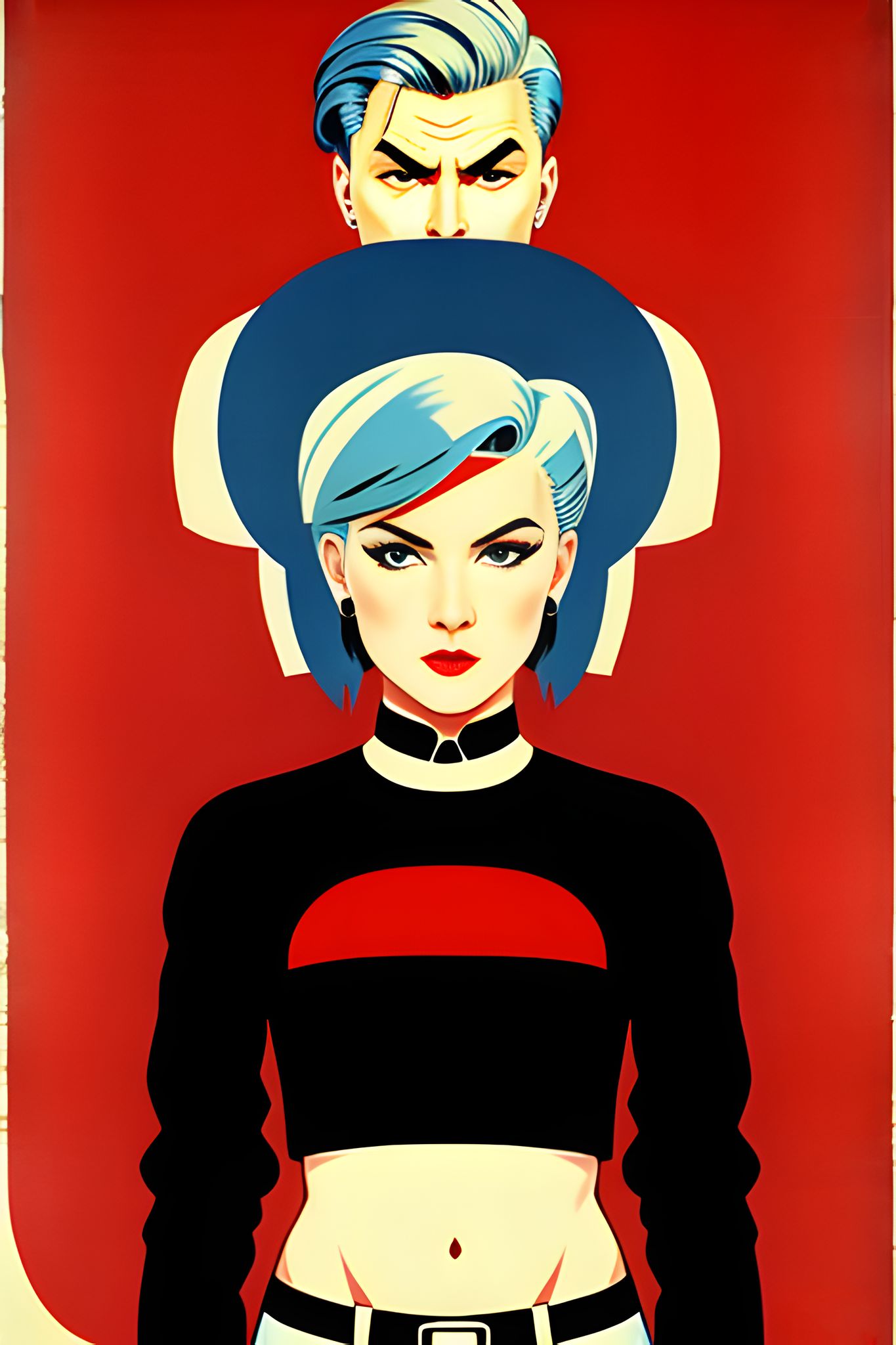 Stylized portrait of a woman with a blond man partially obscuring her.