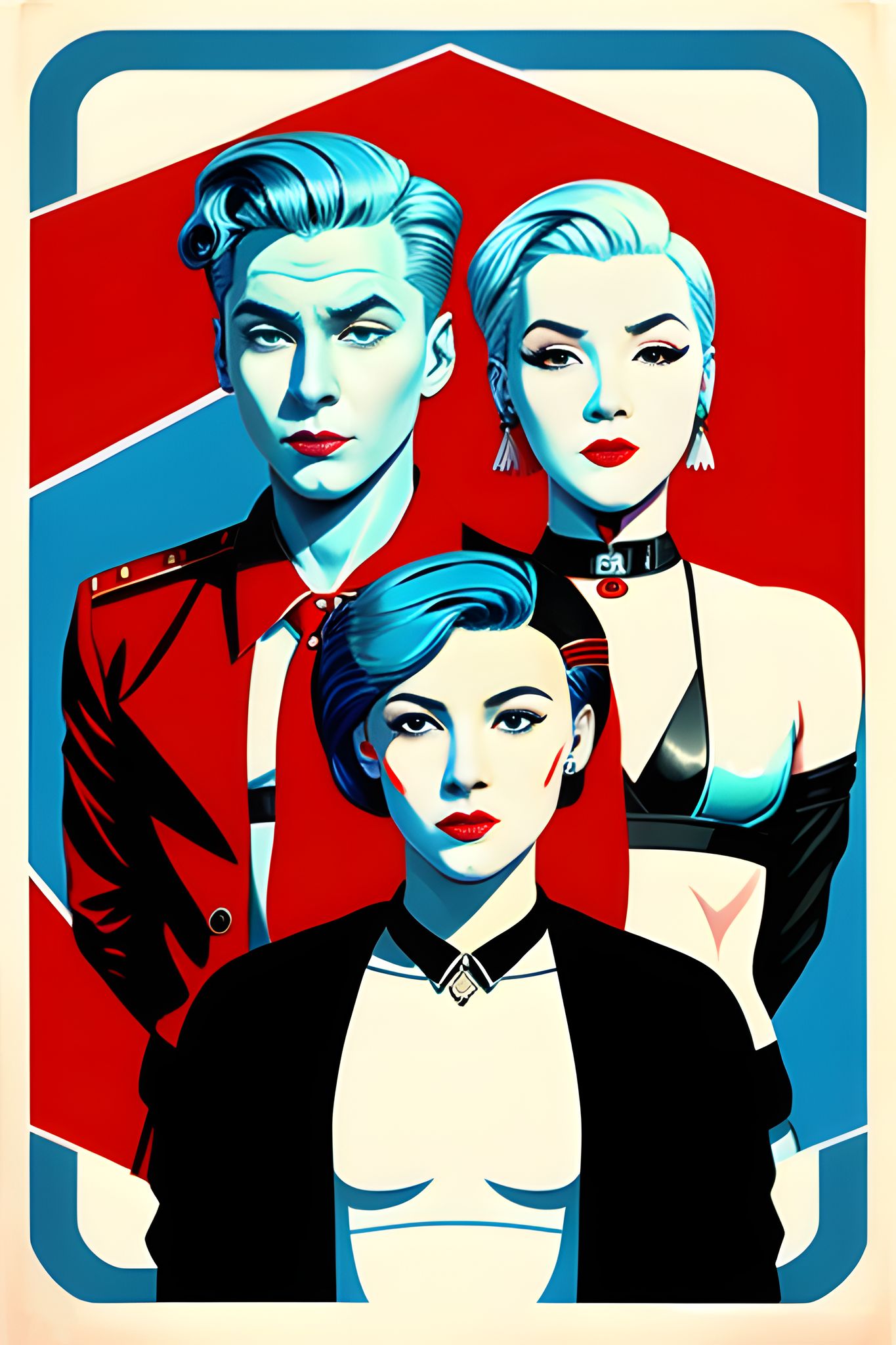 Stylized portrait of a man in red and two women, one in black, one in a black bra and long sleeves.