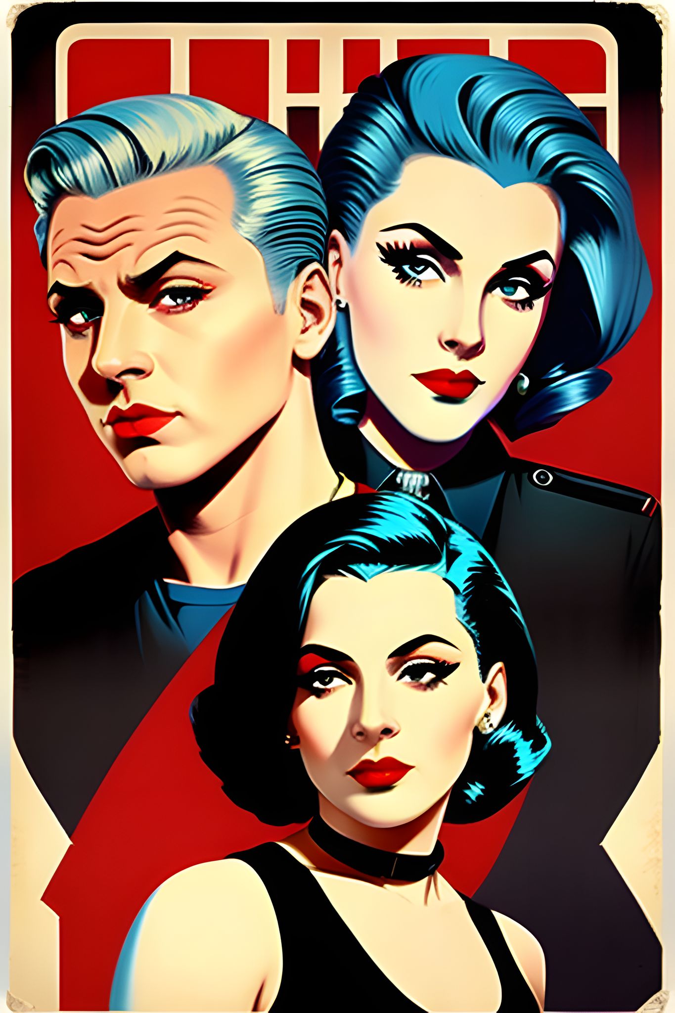 Stylized portrait of a blond man and two women with teal hair.