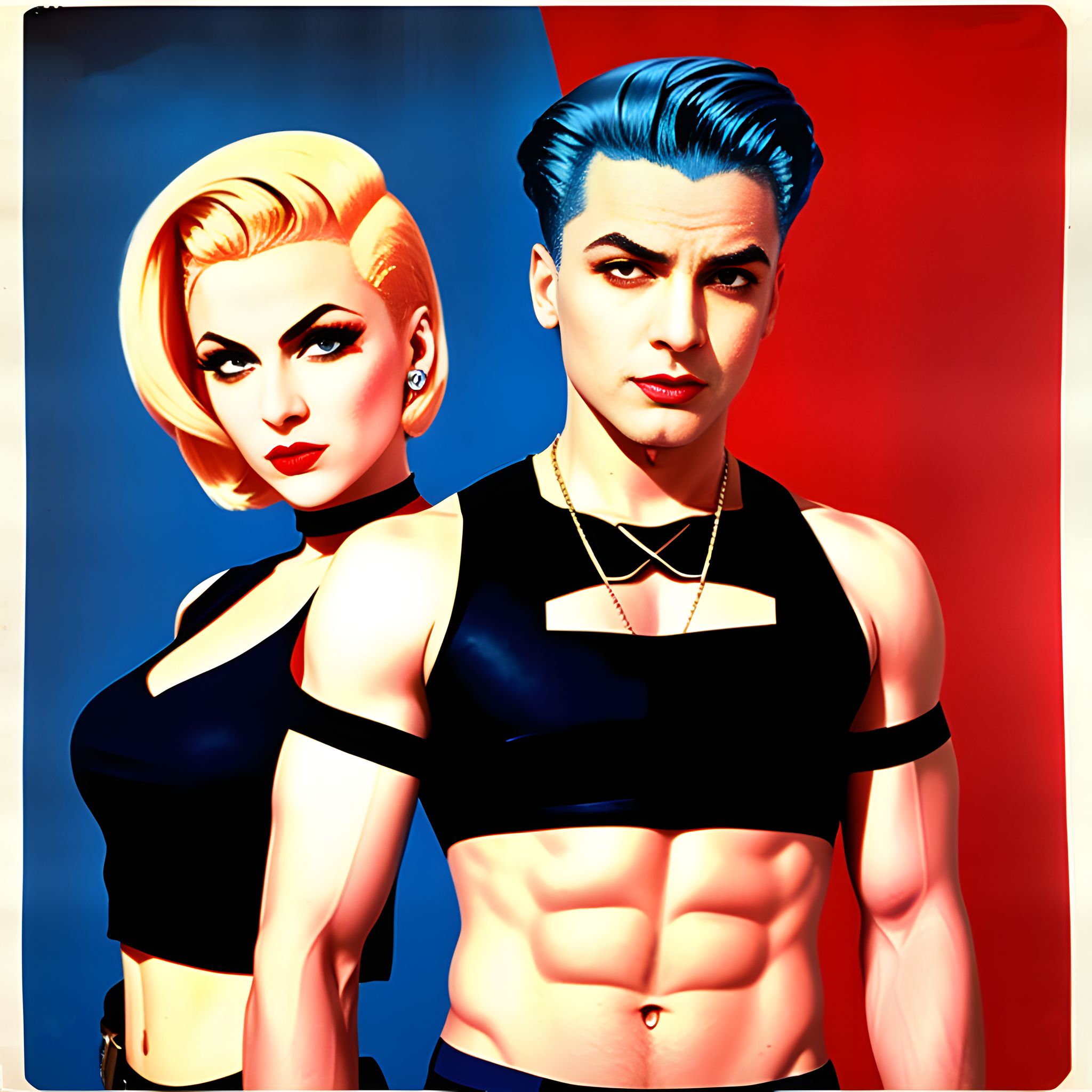 Portrait of a blonde woman and a man with blue hair, both wearing black tops, against a red and blue background.
