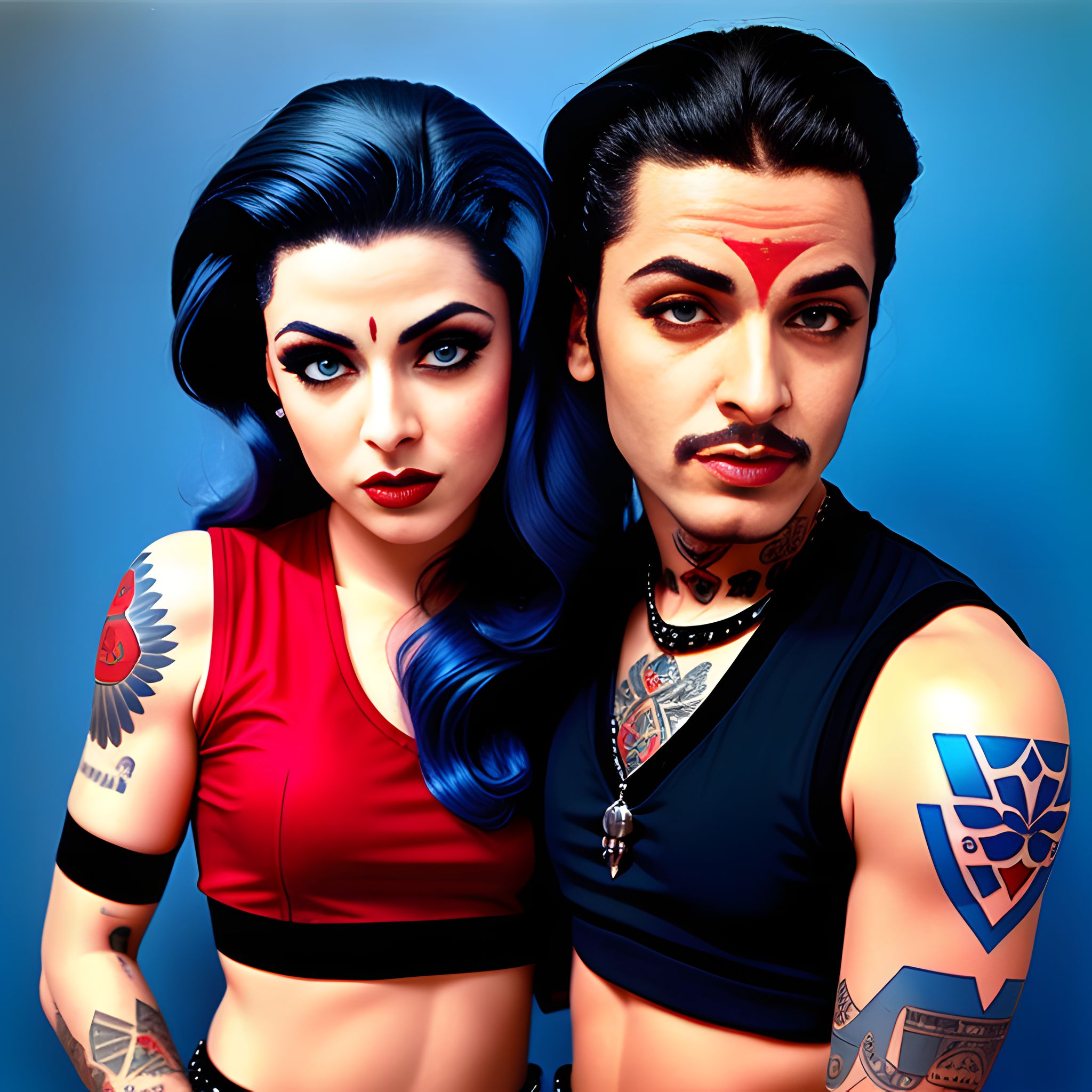 Portrait of a tattooed man and woman with blue hair.
