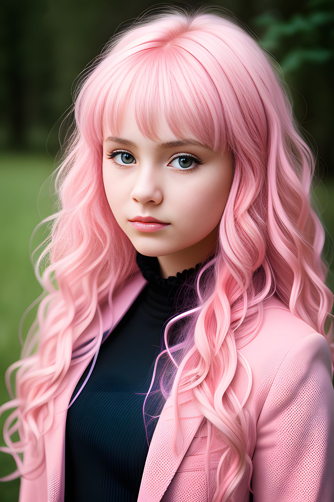 Girl with long pink wavy hair wearing a pink jacket.