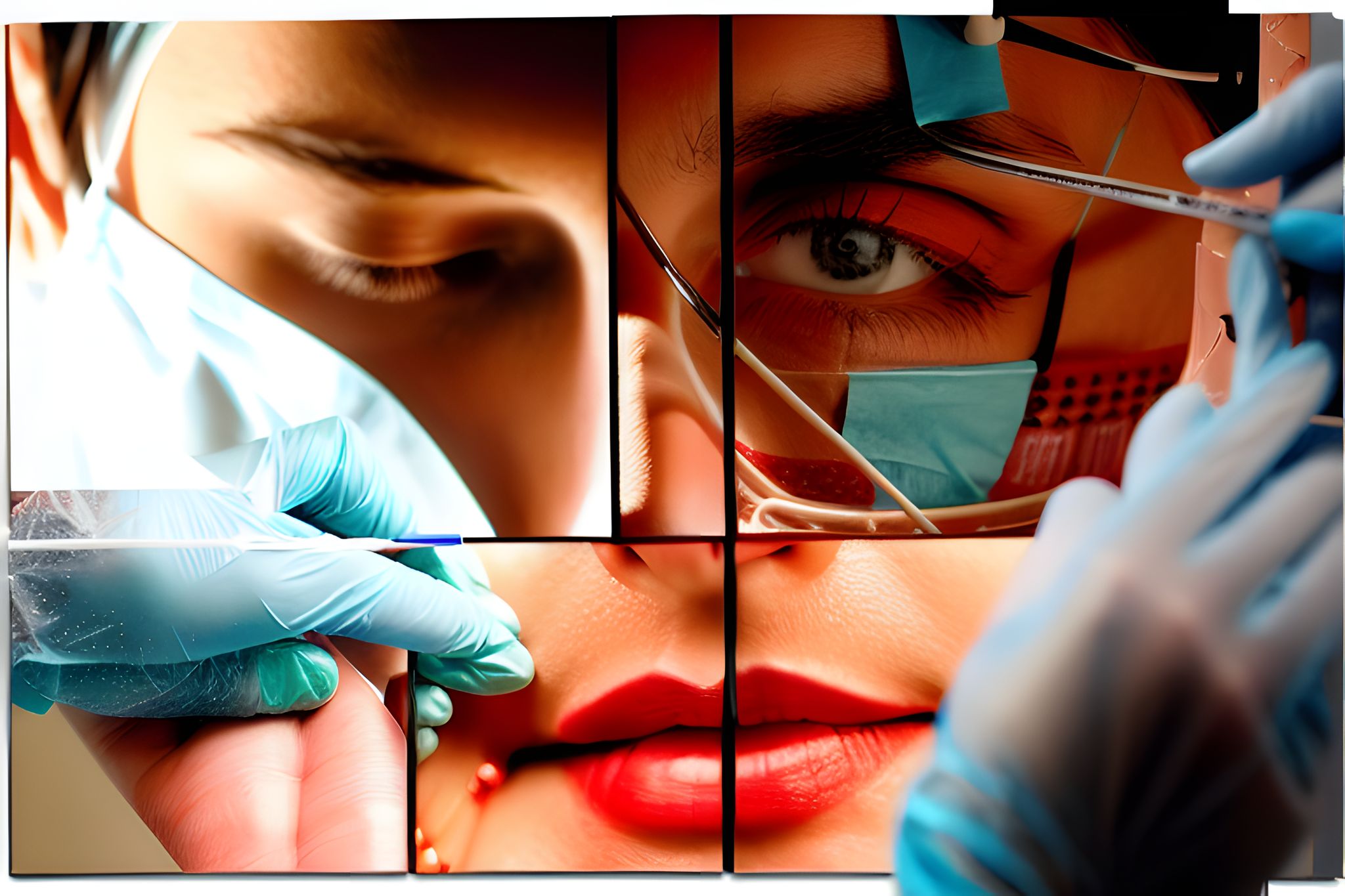 Collage of close-up images depicting cosmetic surgery procedures.