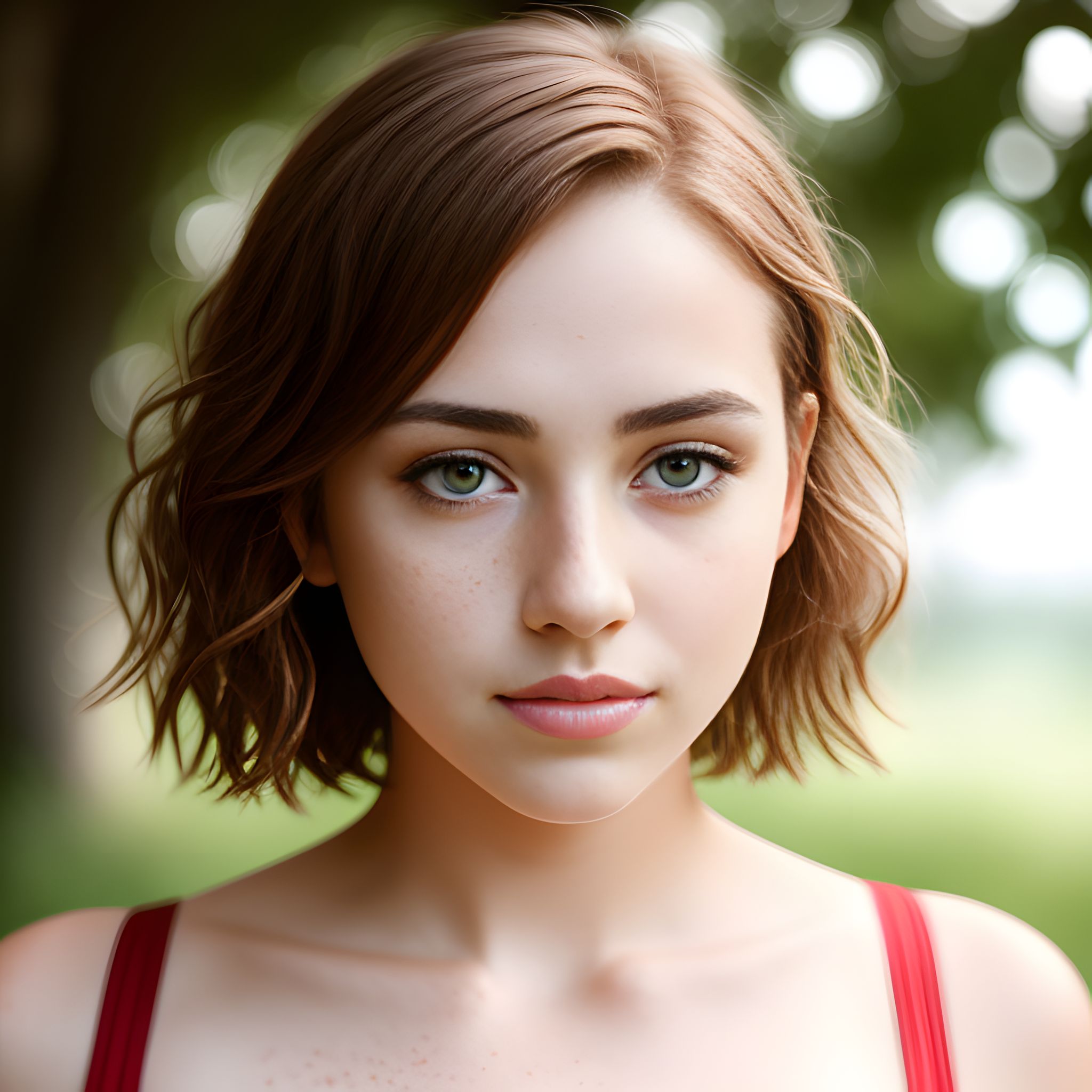 Portrait of a young girl with freckles and green eyes.