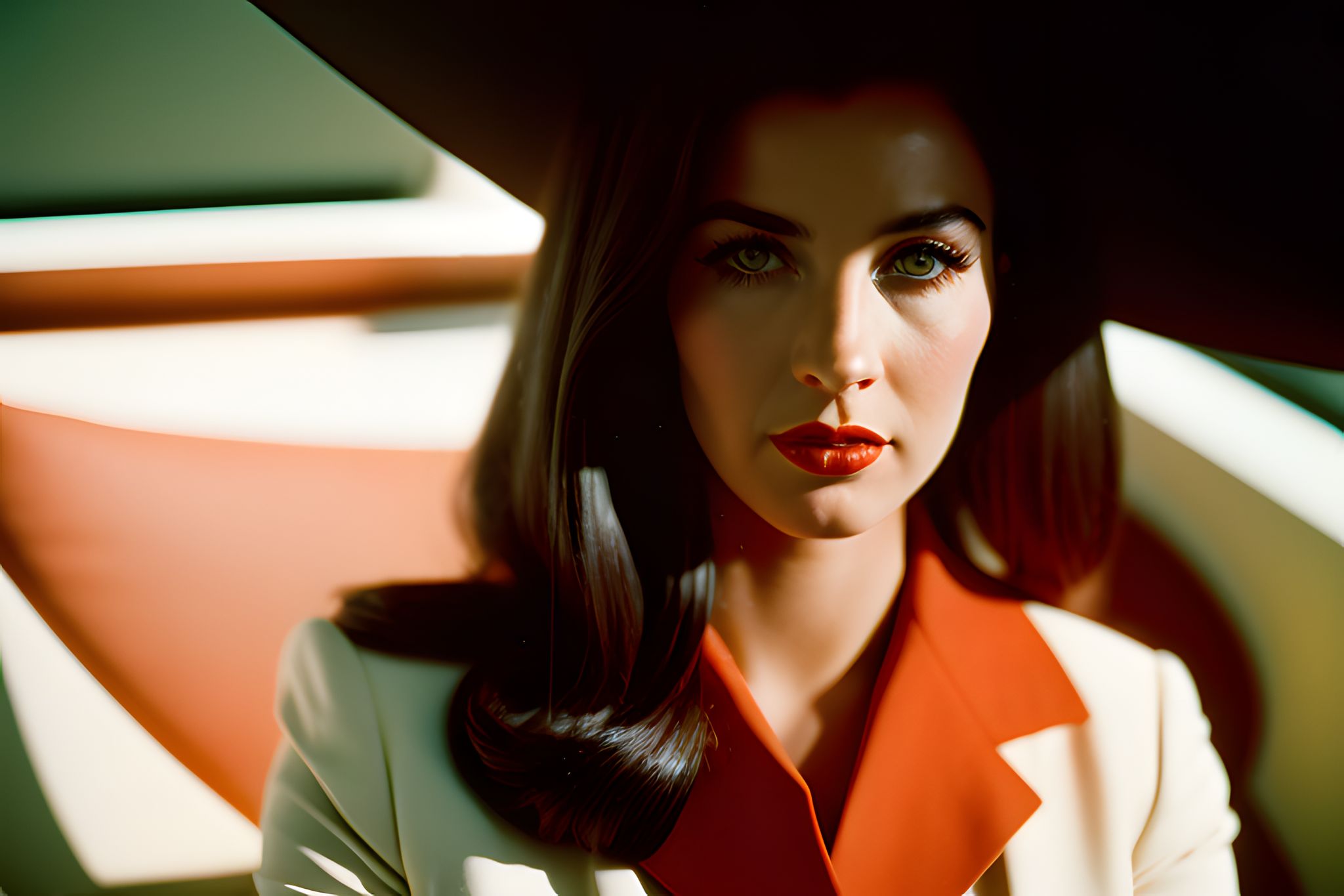 Close-up portrait of a woman in a 1960s-style suit and wide-brimmed hat.