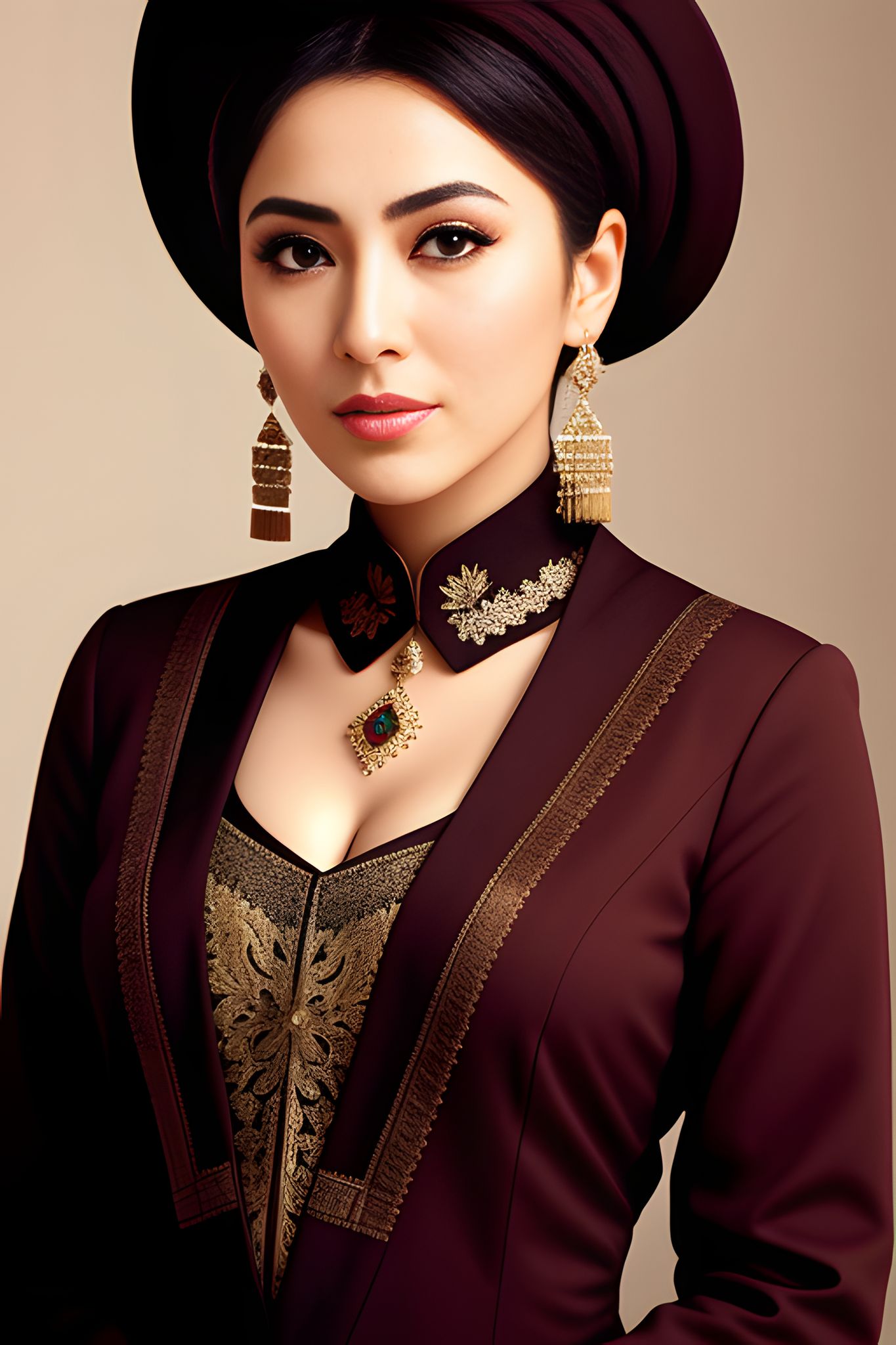 Portrait of a woman wearing a maroon outfit with gold embroidery and a dark hat.