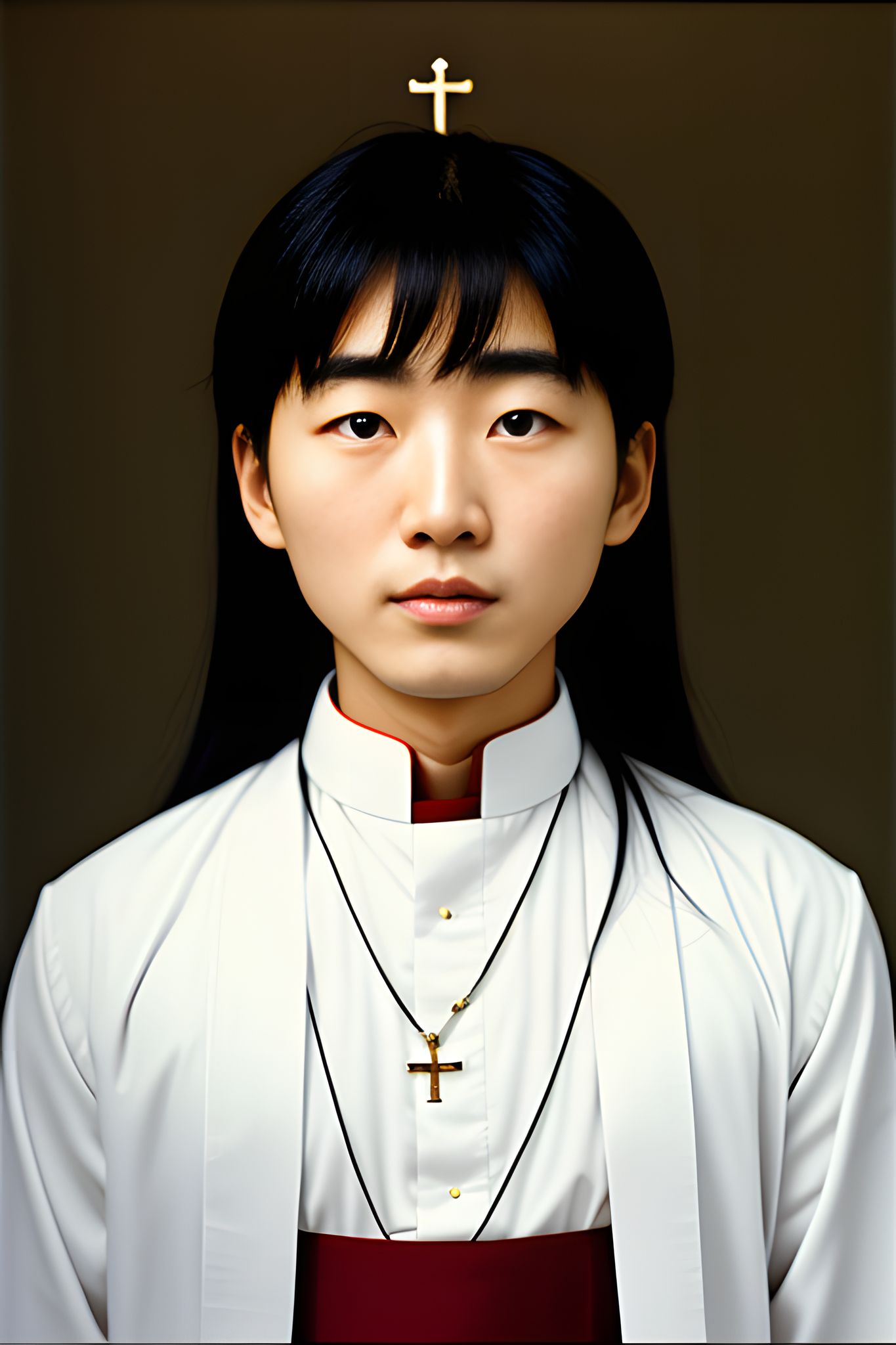 Portrait of a young Korean priest wearing a white robe and a cross necklace.