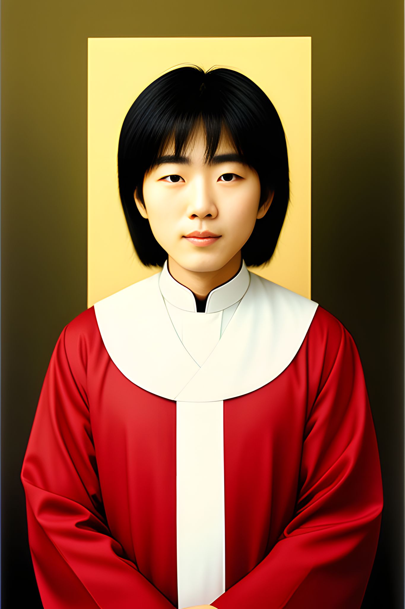 Portrait of a Korean priest in a red robe.
