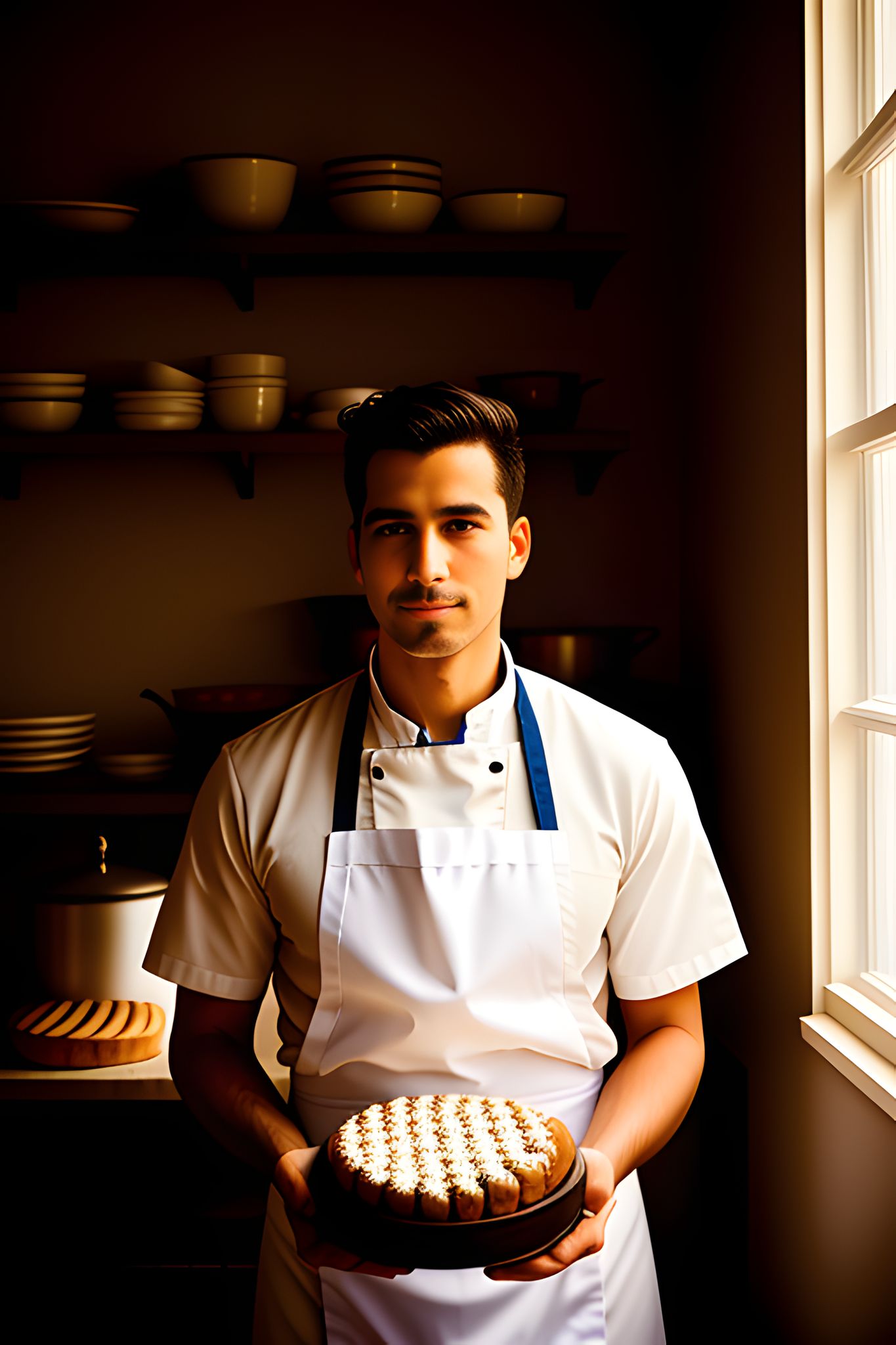 Baker holding a cake in a kitchen.