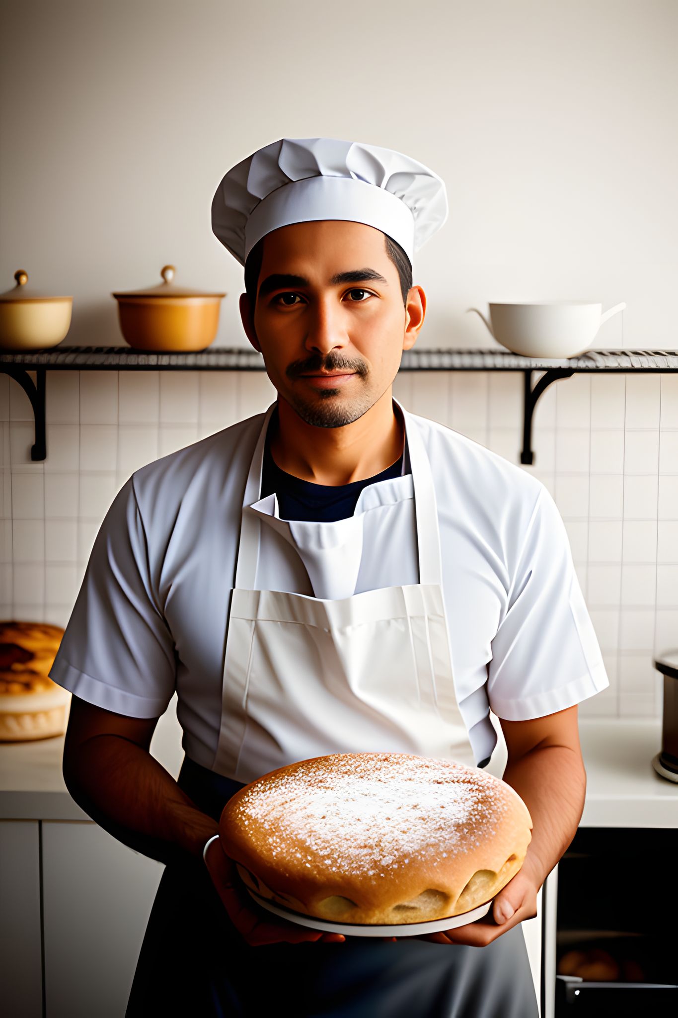 Baker holding a large round cake dusted with powdered sugar.