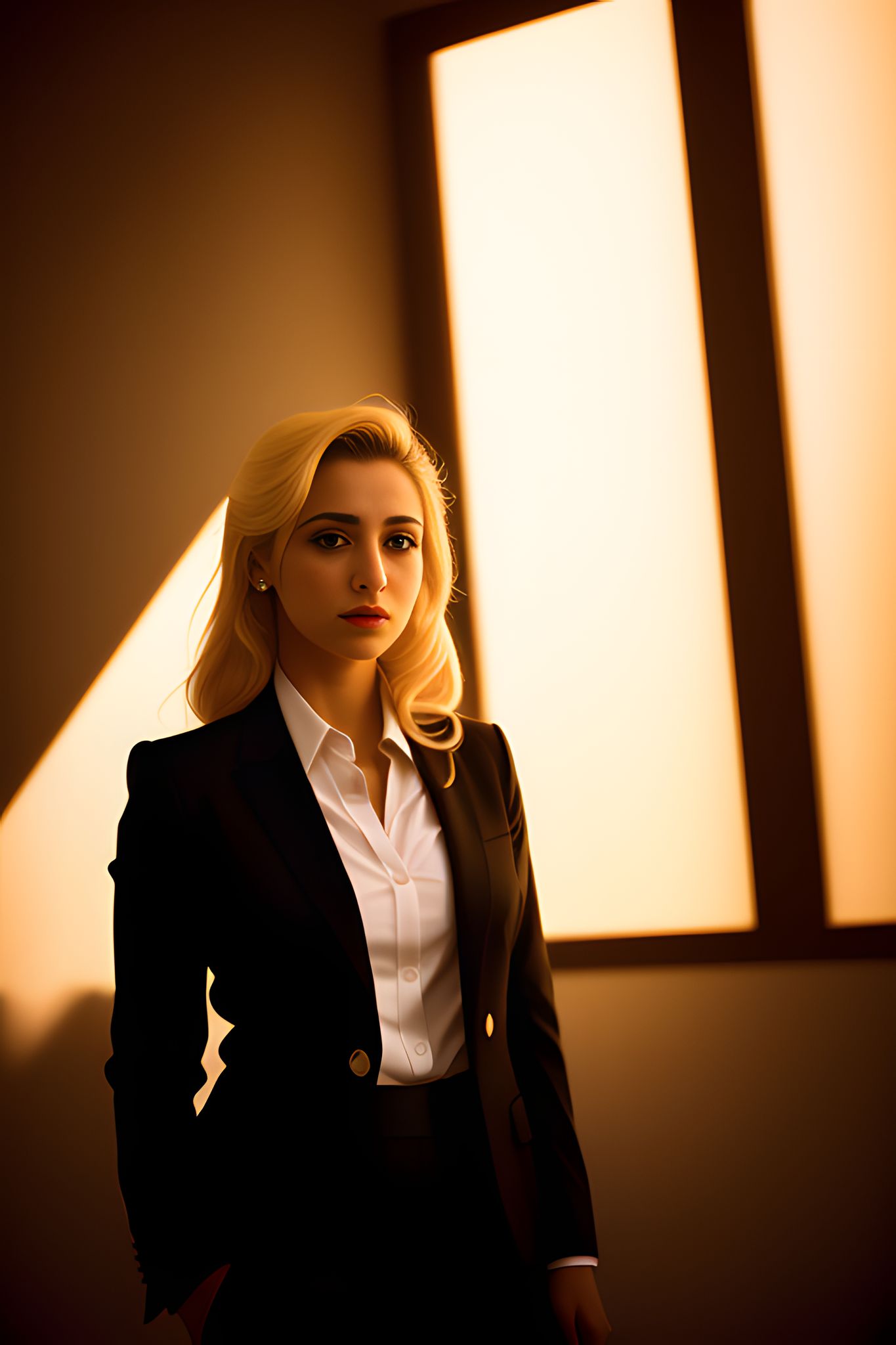 Portrait of a blonde woman in a black suit.
