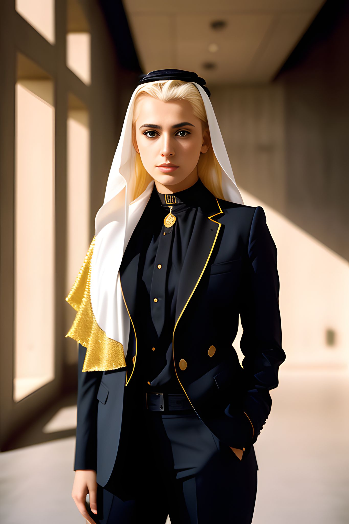 Portrait of a blonde woman in a black suit with gold trim, wearing a white and gold headscarf.