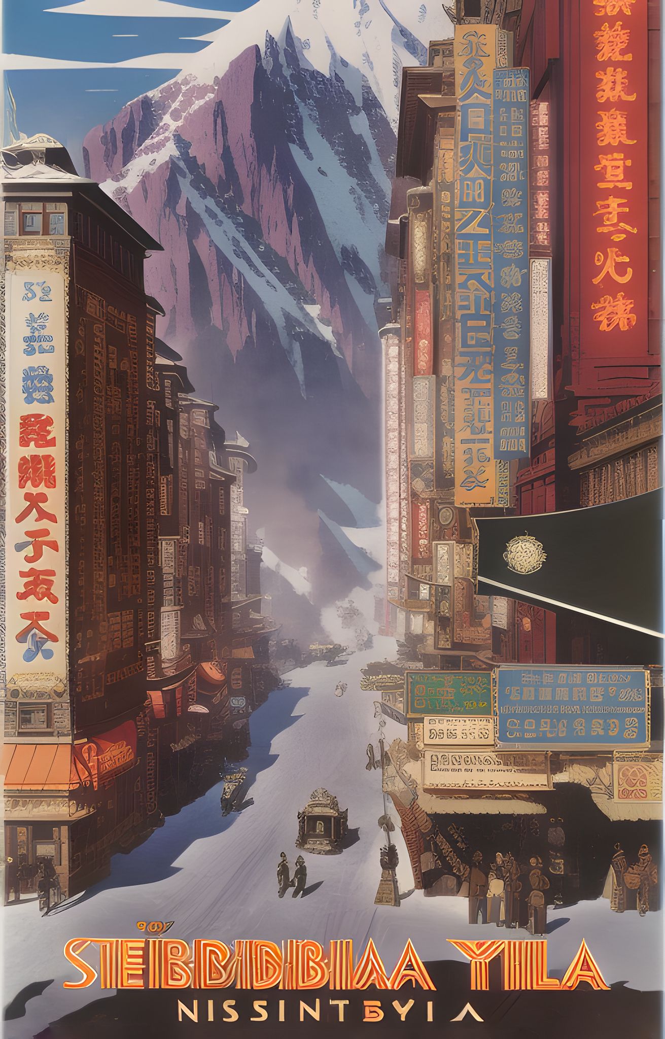Movie poster for 'Siberia Yila Nissint Byia,' depicting a snow-covered street scene in a city with Asian-inspired architecture, set against a backdrop of large mountains.