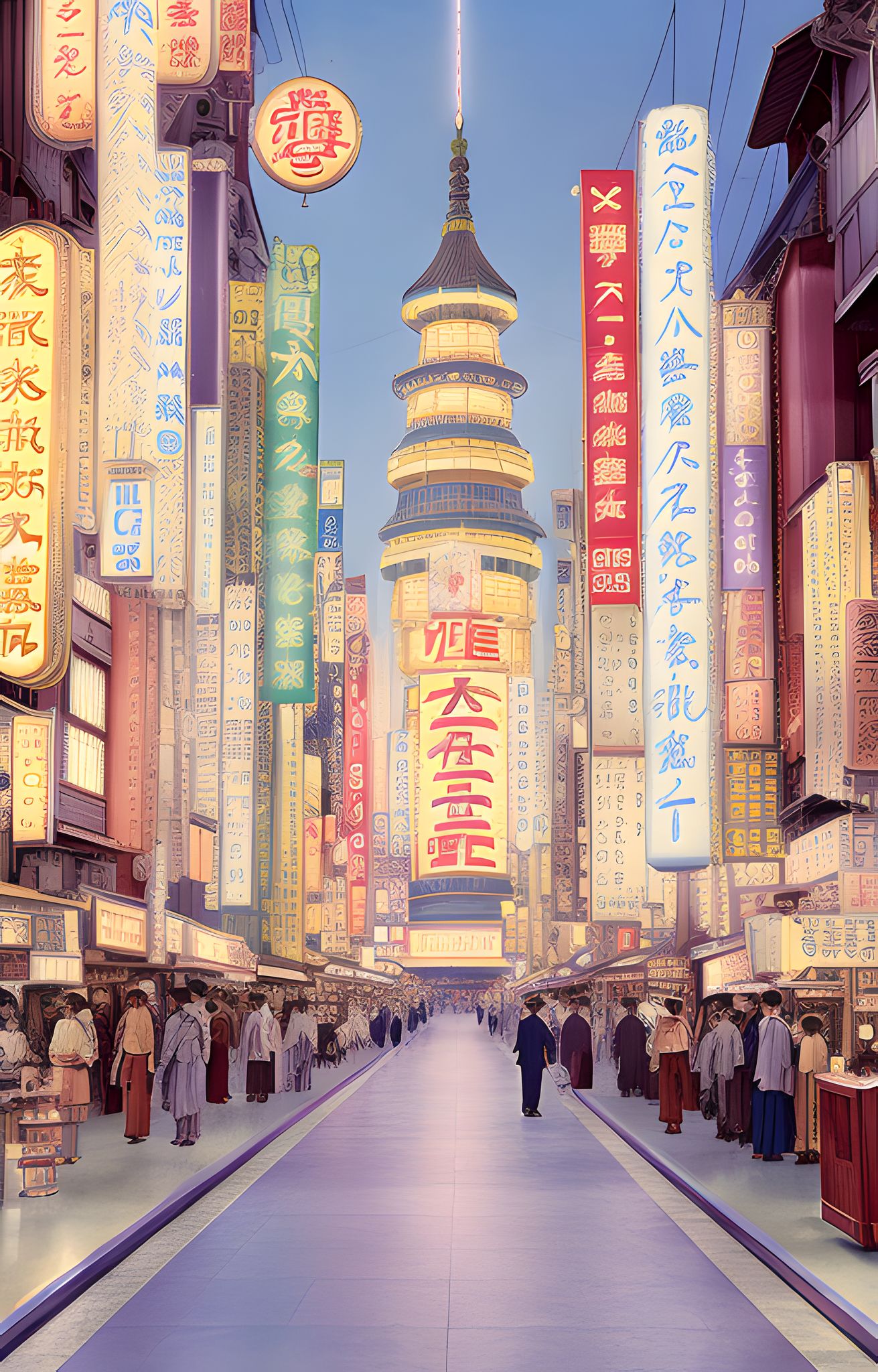 Tokyo street scene at night, with a pagoda-like tower and numerous illuminated signs in Japanese.