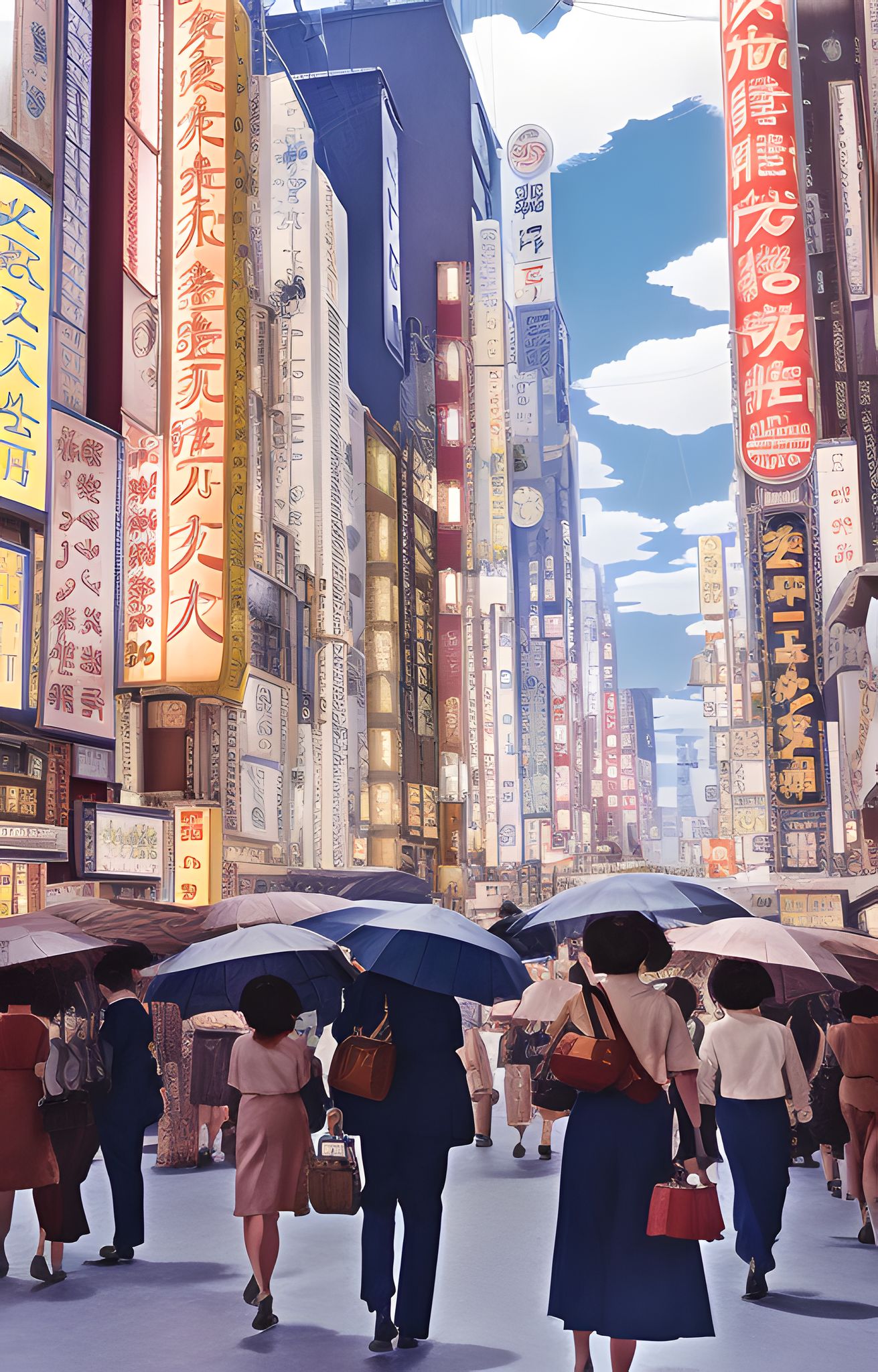 Rainy day in Tokyo, people with umbrellas walking past tall buildings with Japanese signs.