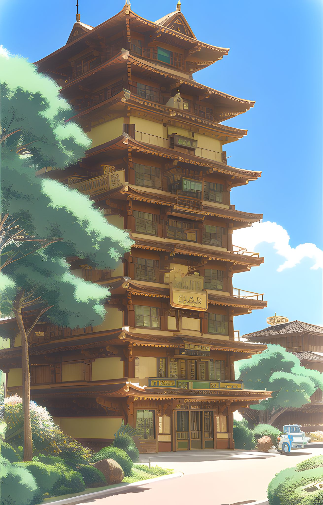 Illustration of a multi-story pagoda-style building under a bright blue sky.