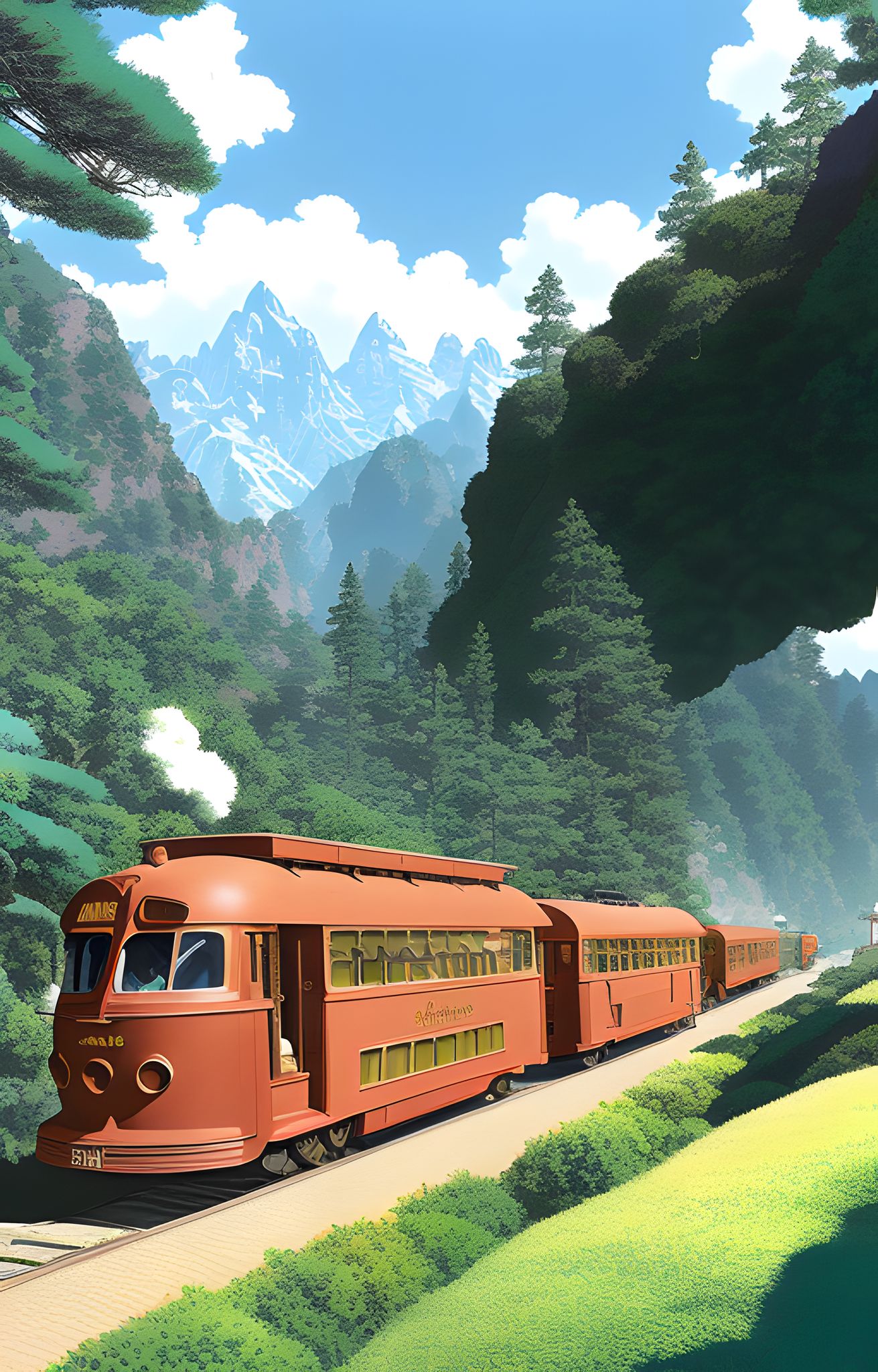 Vintage train traveling through a mountain valley.
