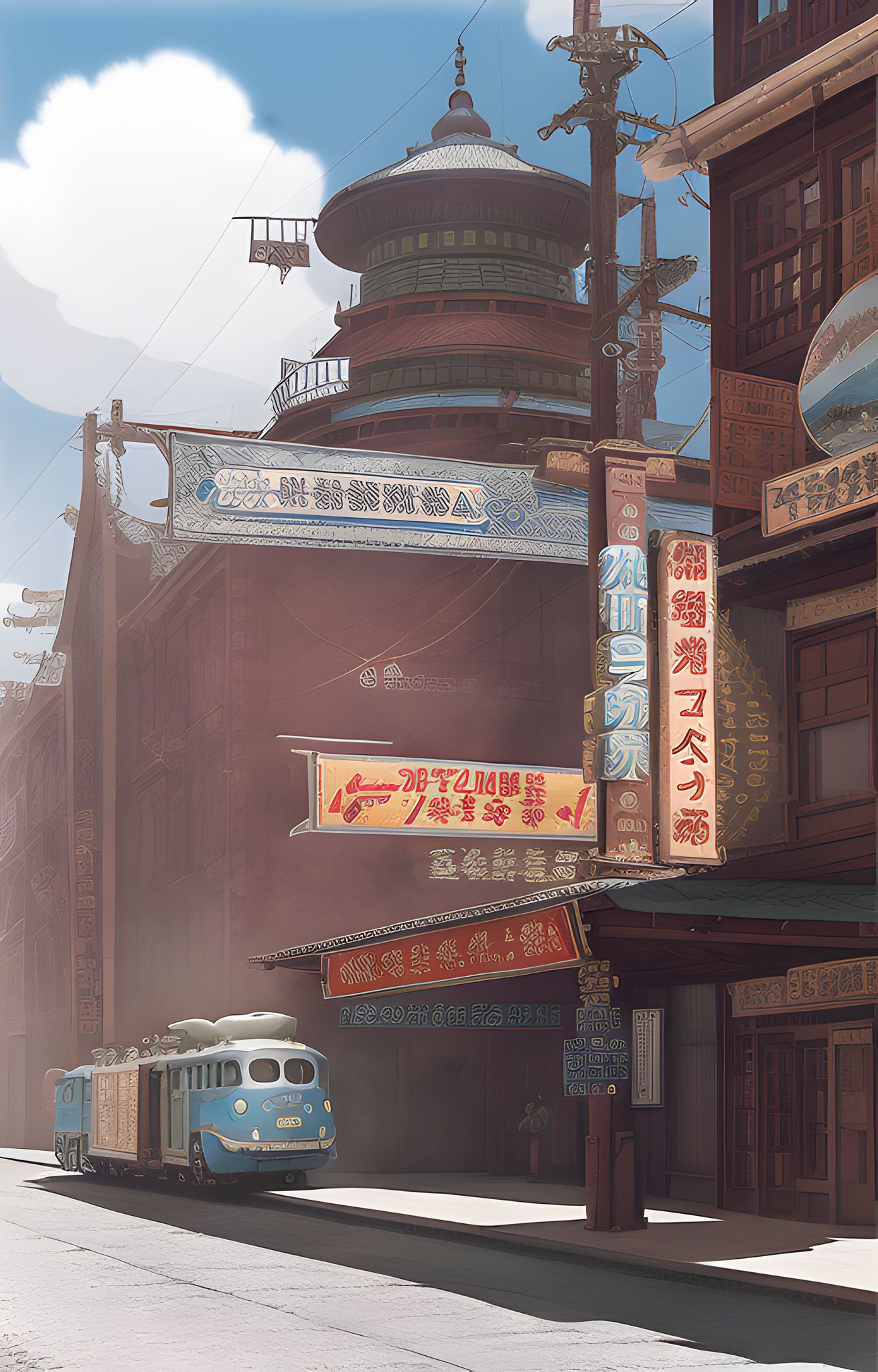 Illustration of a train traveling past Asian-style buildings in Siberia, Russia.