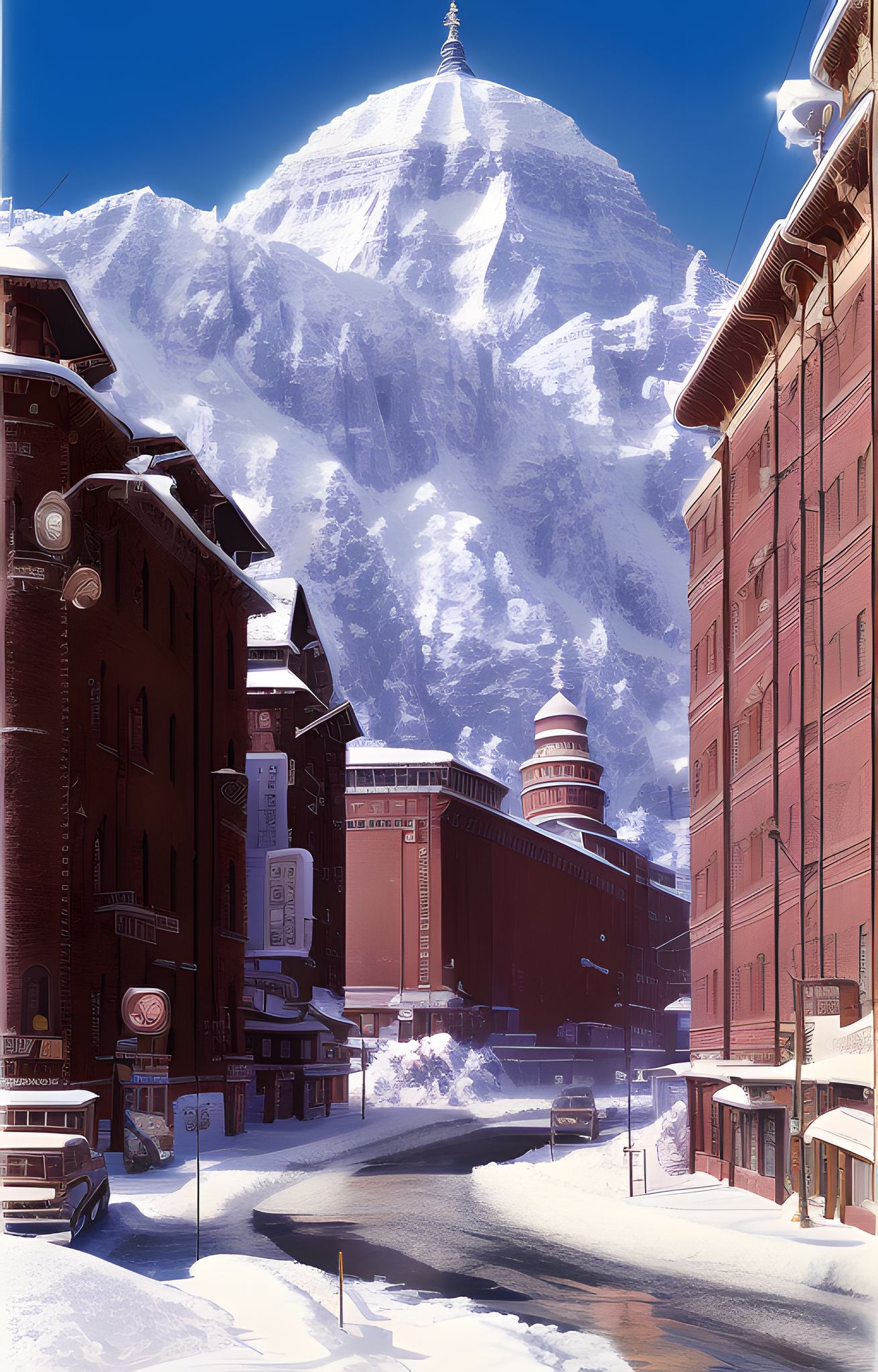 Snowy Siberian street scene with a large snow-capped mountain in the background.