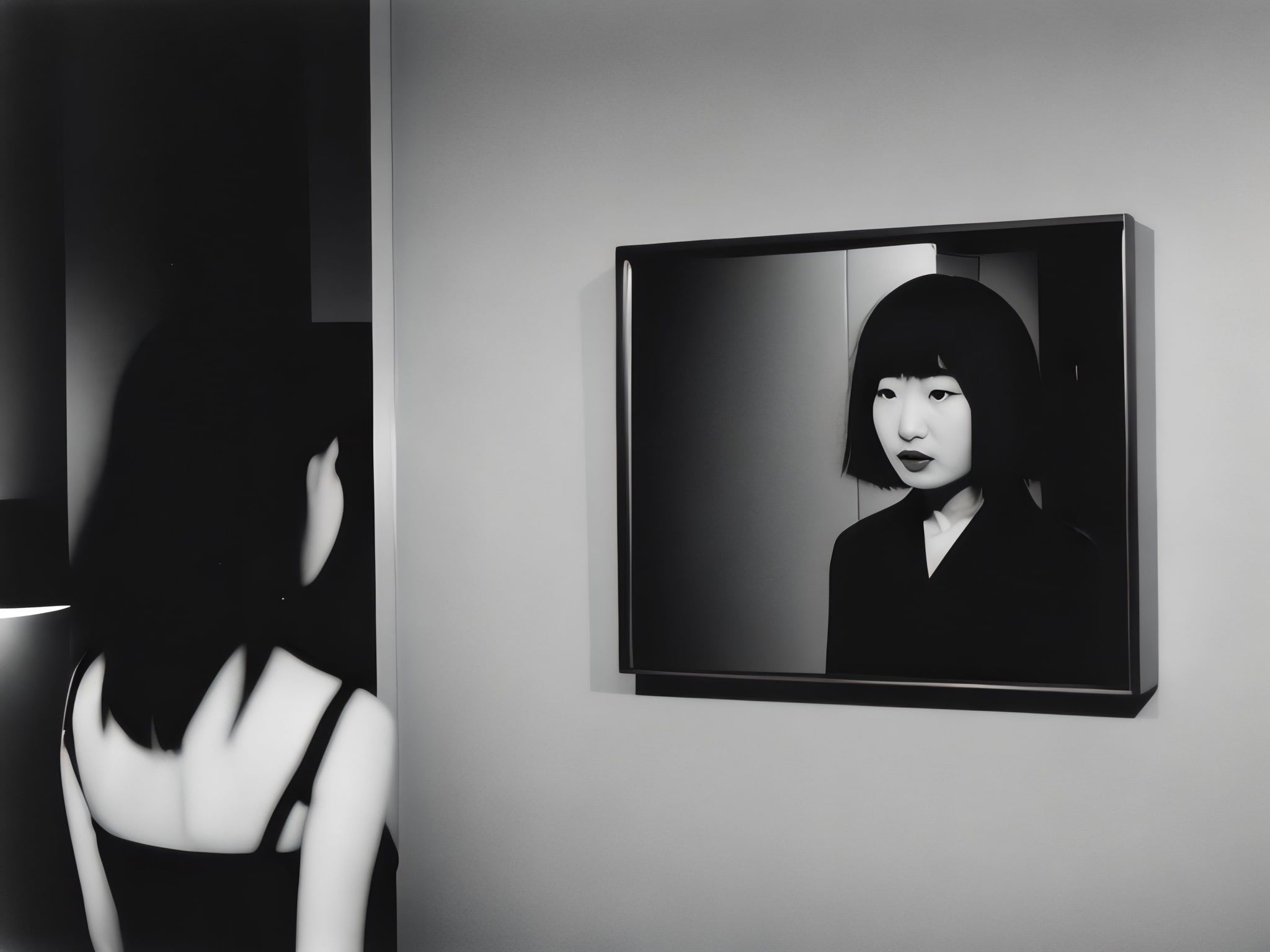 Black and white photo of a woman standing before a framed mirror reflection of herself.