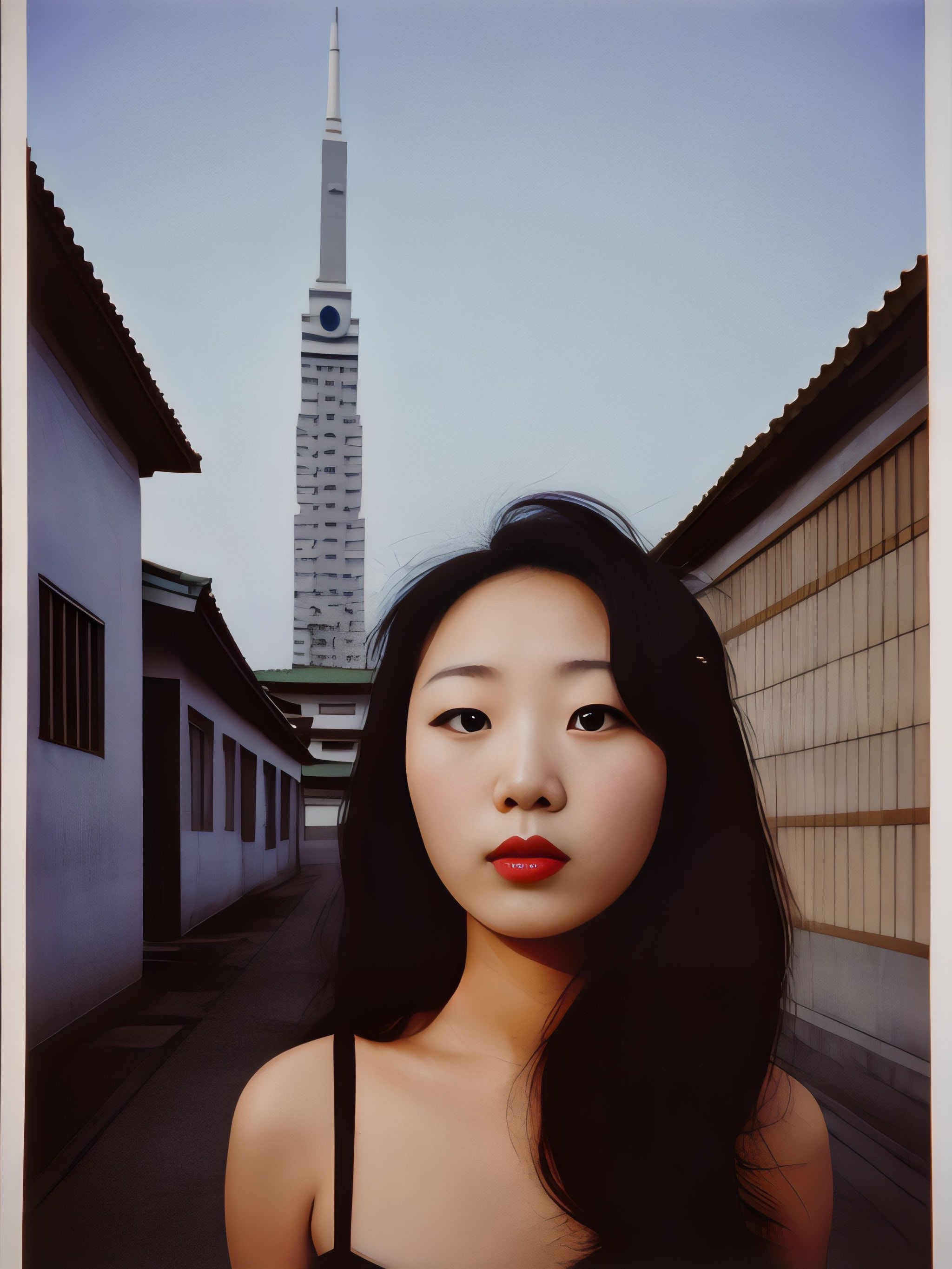 Portrait of a young woman with long black hair and red lips, standing in an alleyway with a tall tower in the background.
