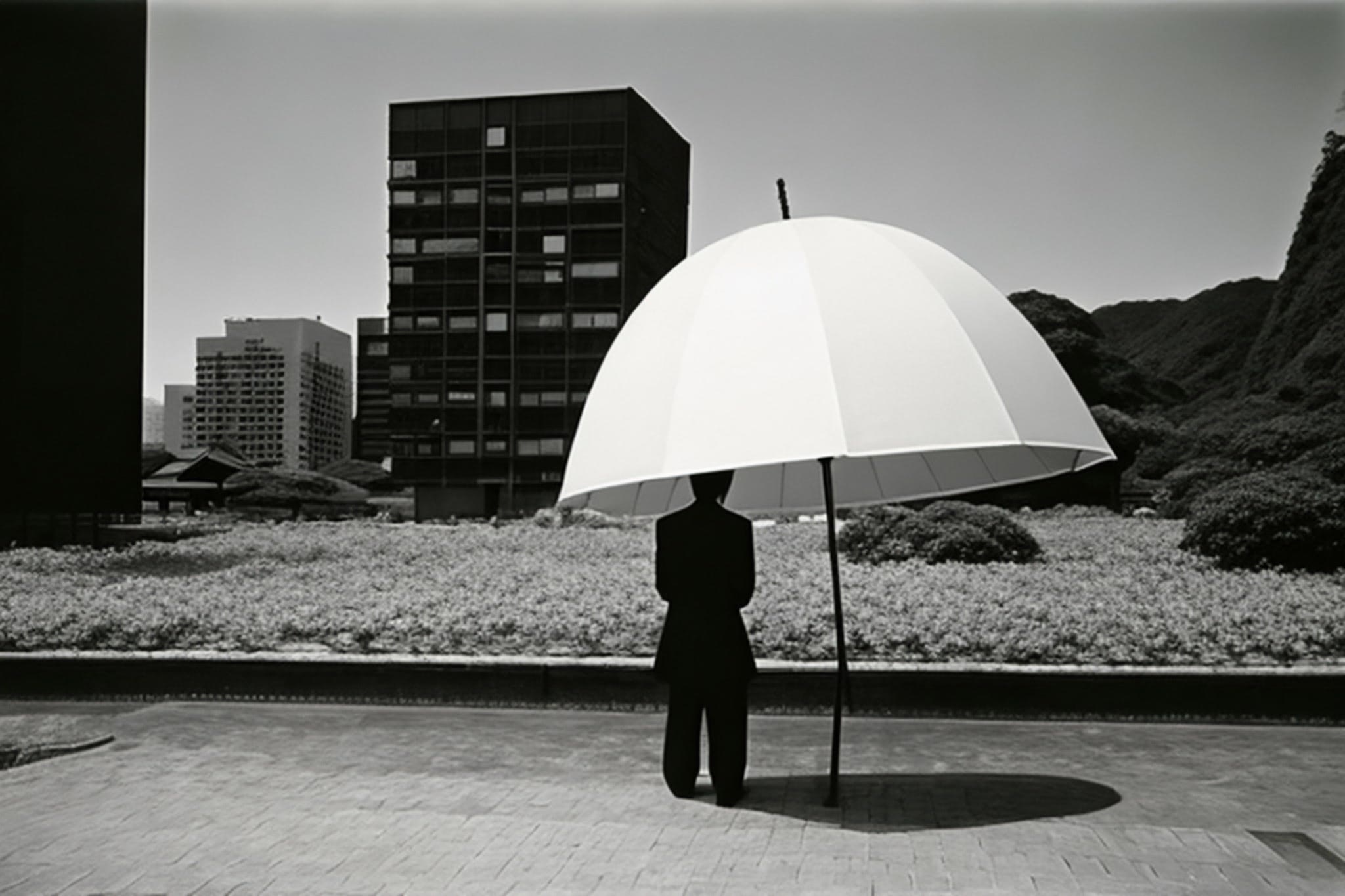 Black and white photo of a person standing under a large white umbrella in front of modern buildings.