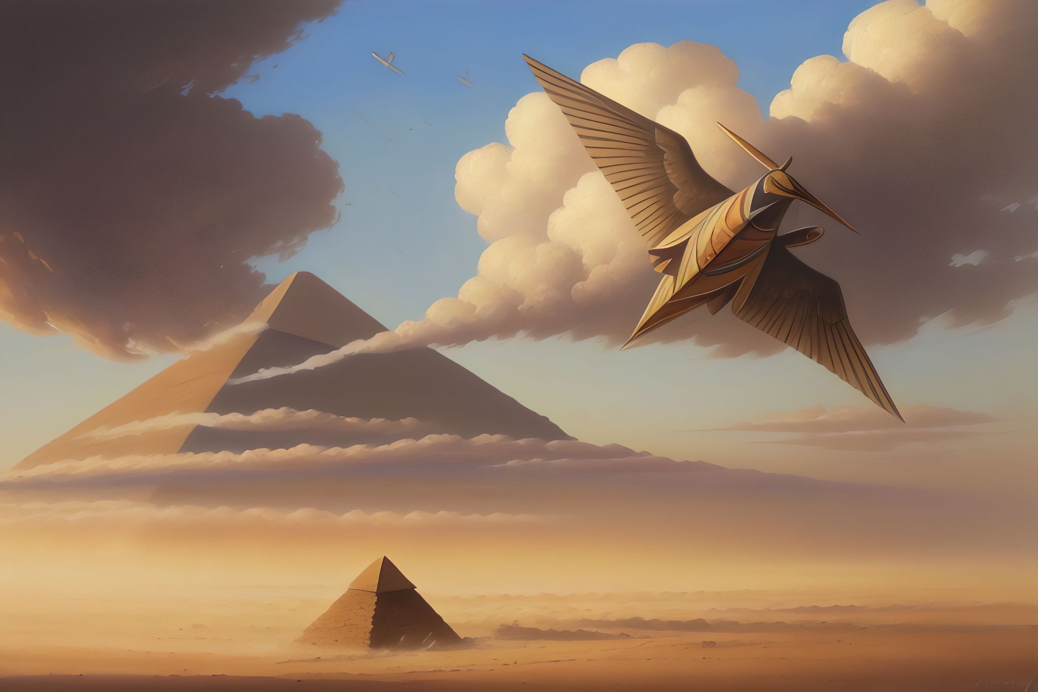 A golden phoenix-shaped aircraft flies above desert pyramids.