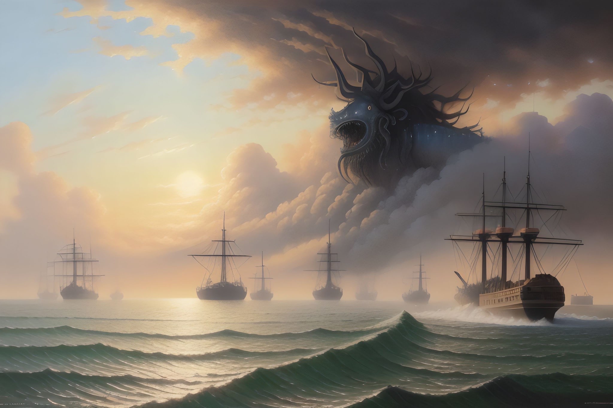 A monstrous, cloud-enshrouded creature looms over a fleet of sailing ships at sea.