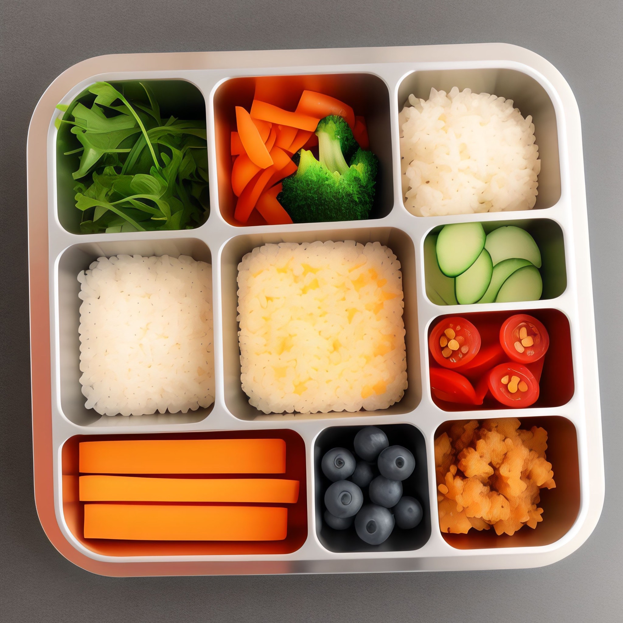 Japanese bento box with rice, carrots, broccoli, cucumber, tomatoes, blueberries, and arugula.
