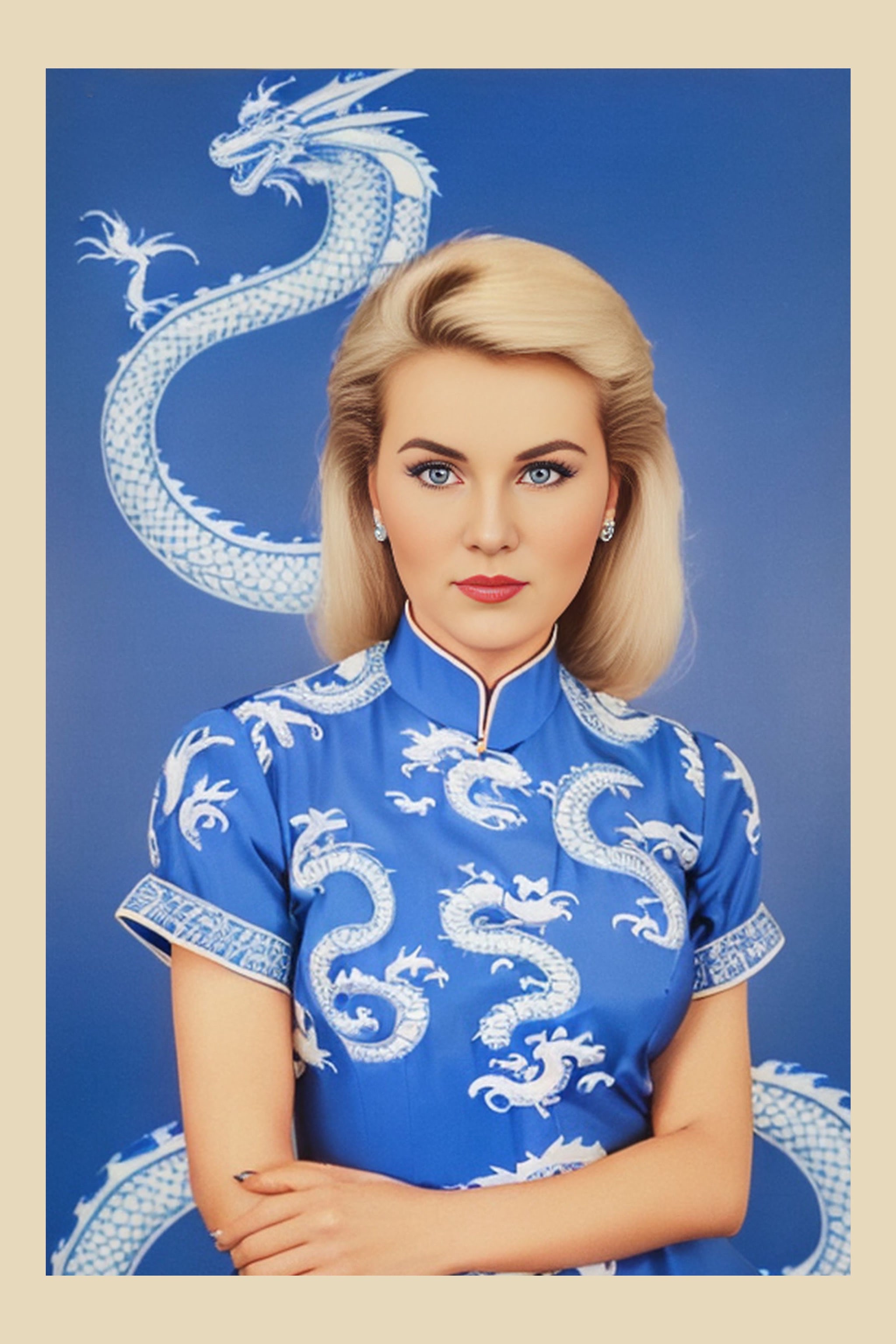 Blond woman in blue dragon-print dress, posed against a blue background with a large white dragon.