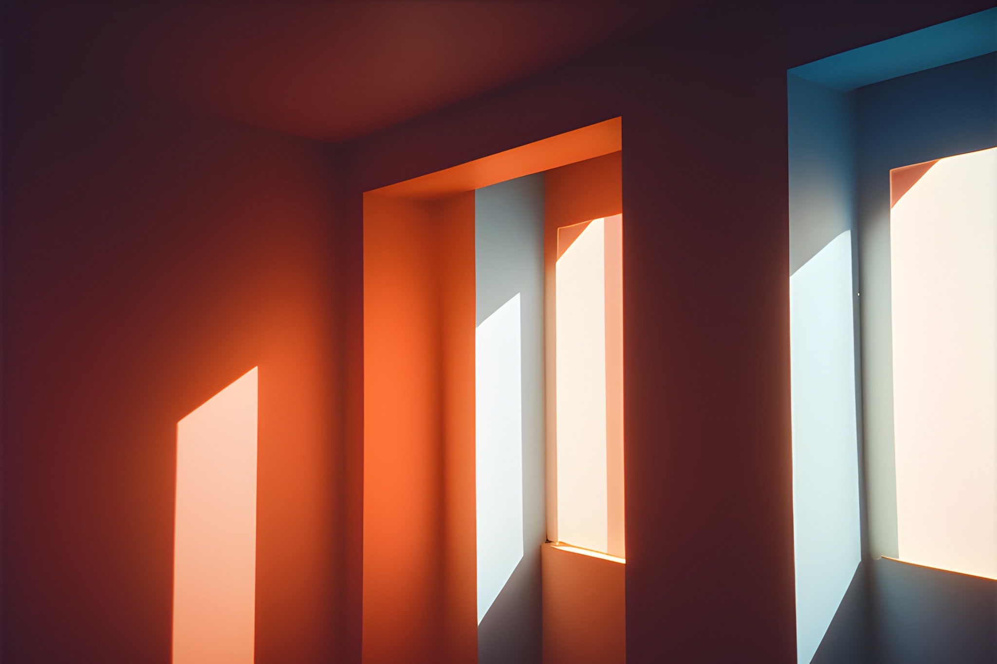 Abstract image of sunlit windows in a room with red and blue walls.