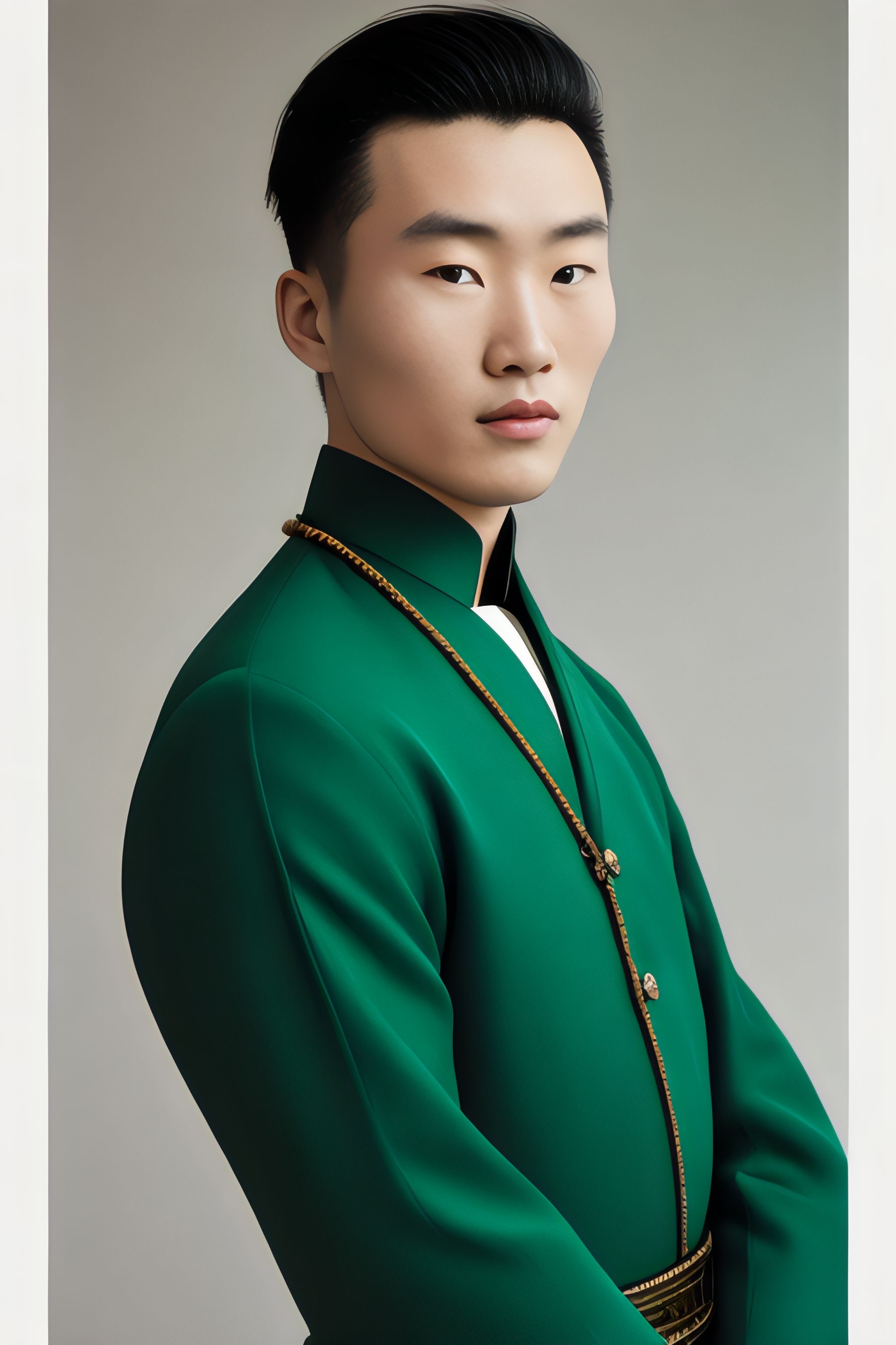 Portrait of a male model in an emerald green haute couture outfit.