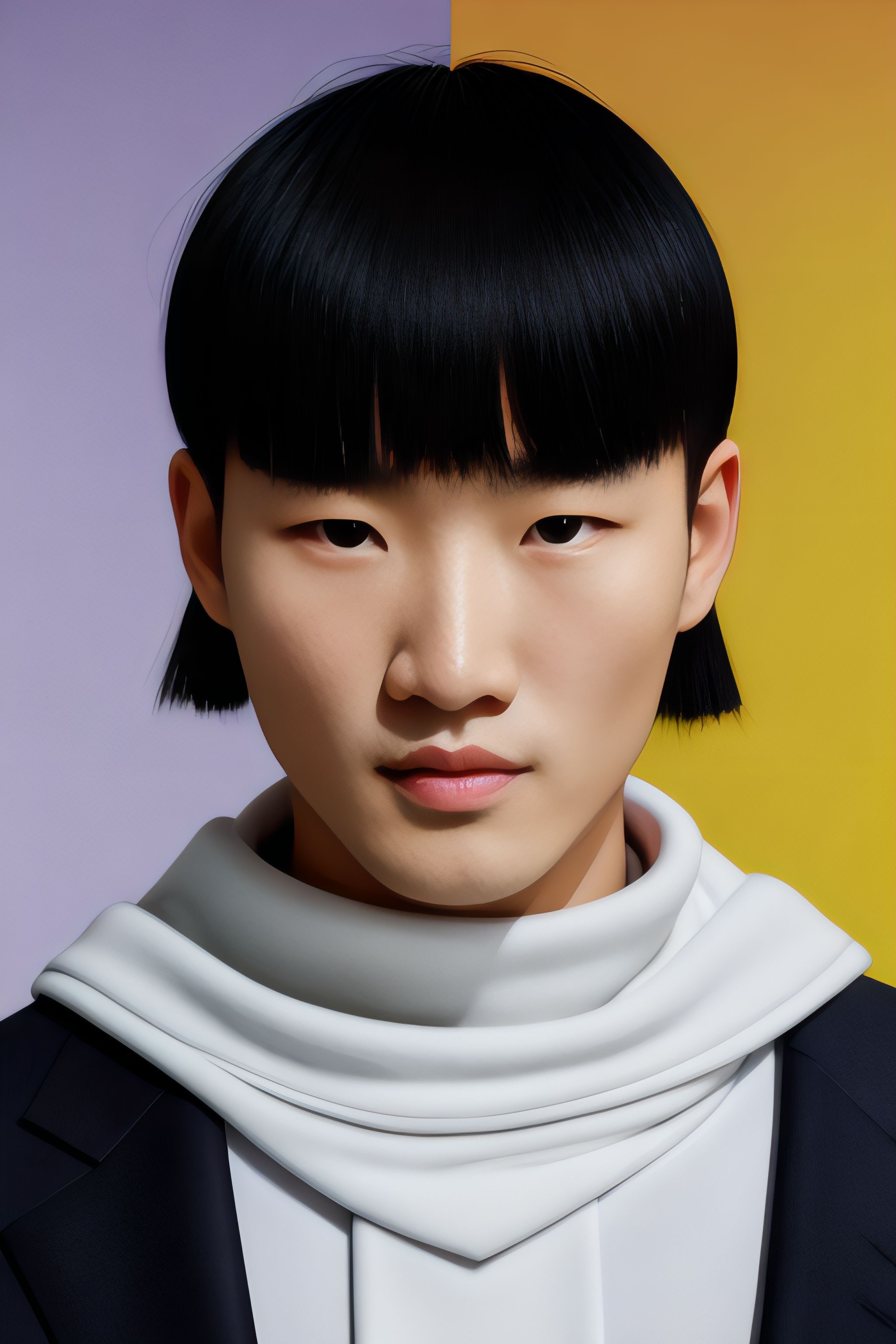 Close-up portrait of a male model with short black hair, wearing a white turtleneck and dark suit against a purple and gold background.