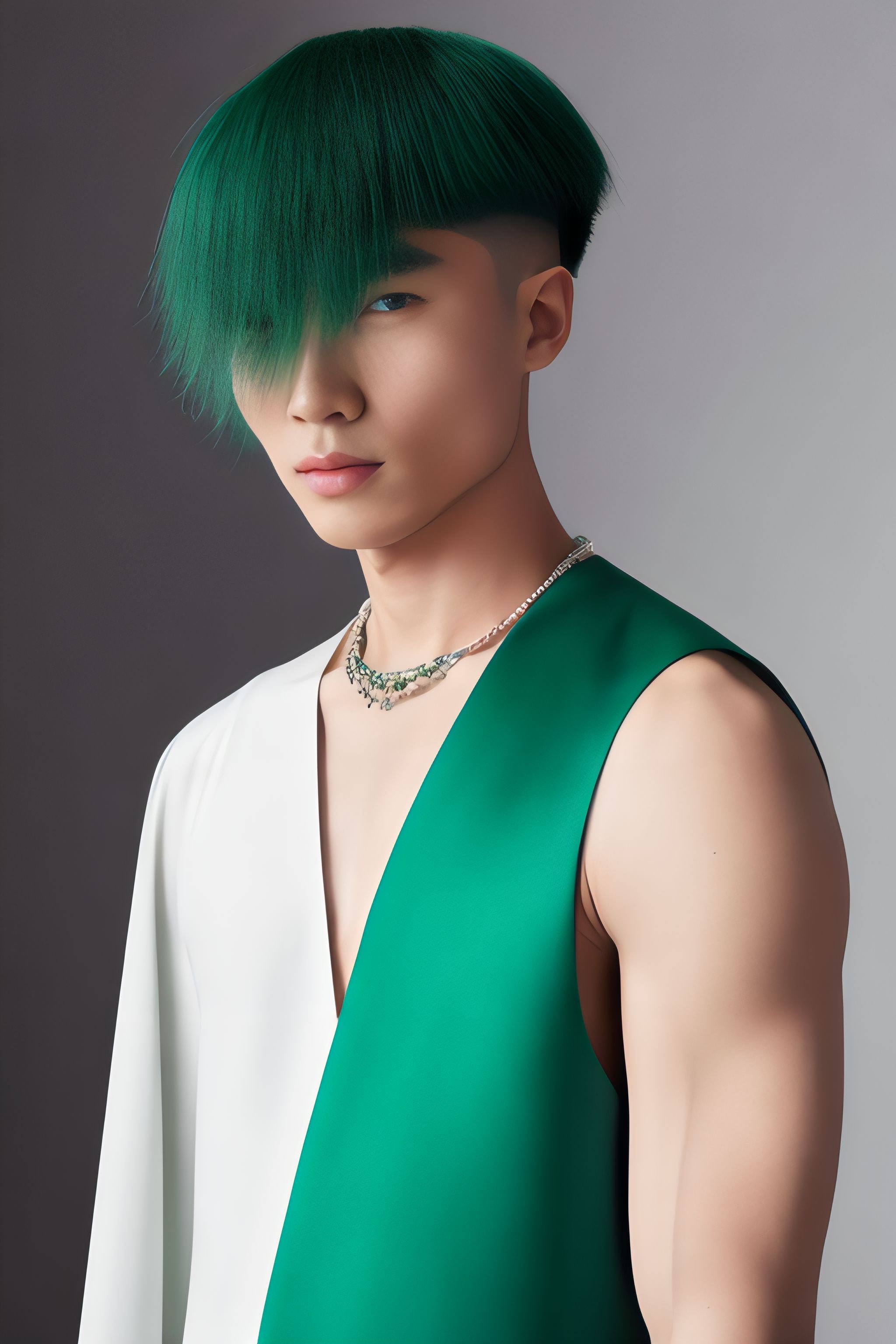 Male model with bright green hair, wearing a green and white haute couture outfit and necklace.