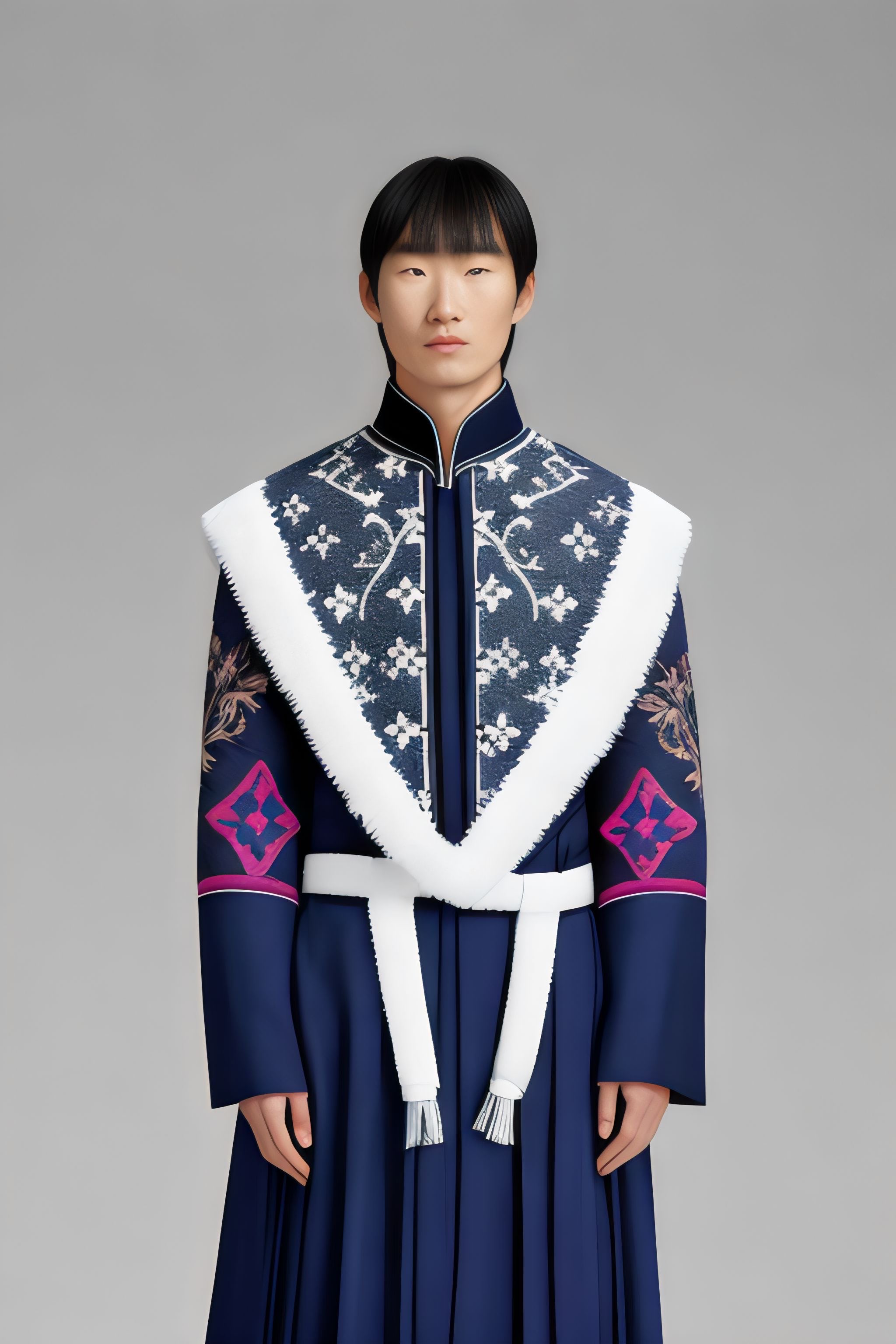 Male model in dark blue Korean haute couture.