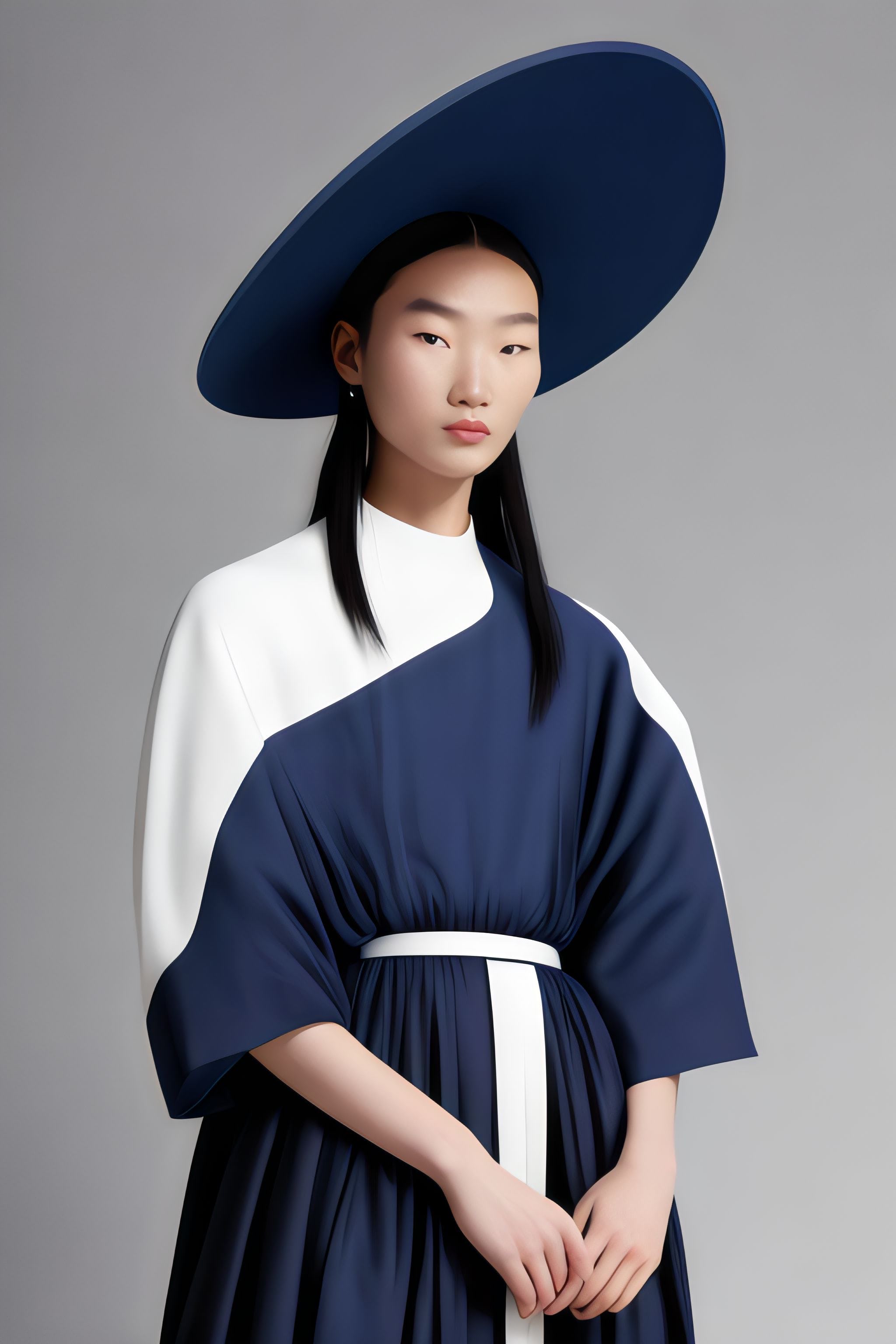 Woman in navy blue and white dress and large blue hat.
