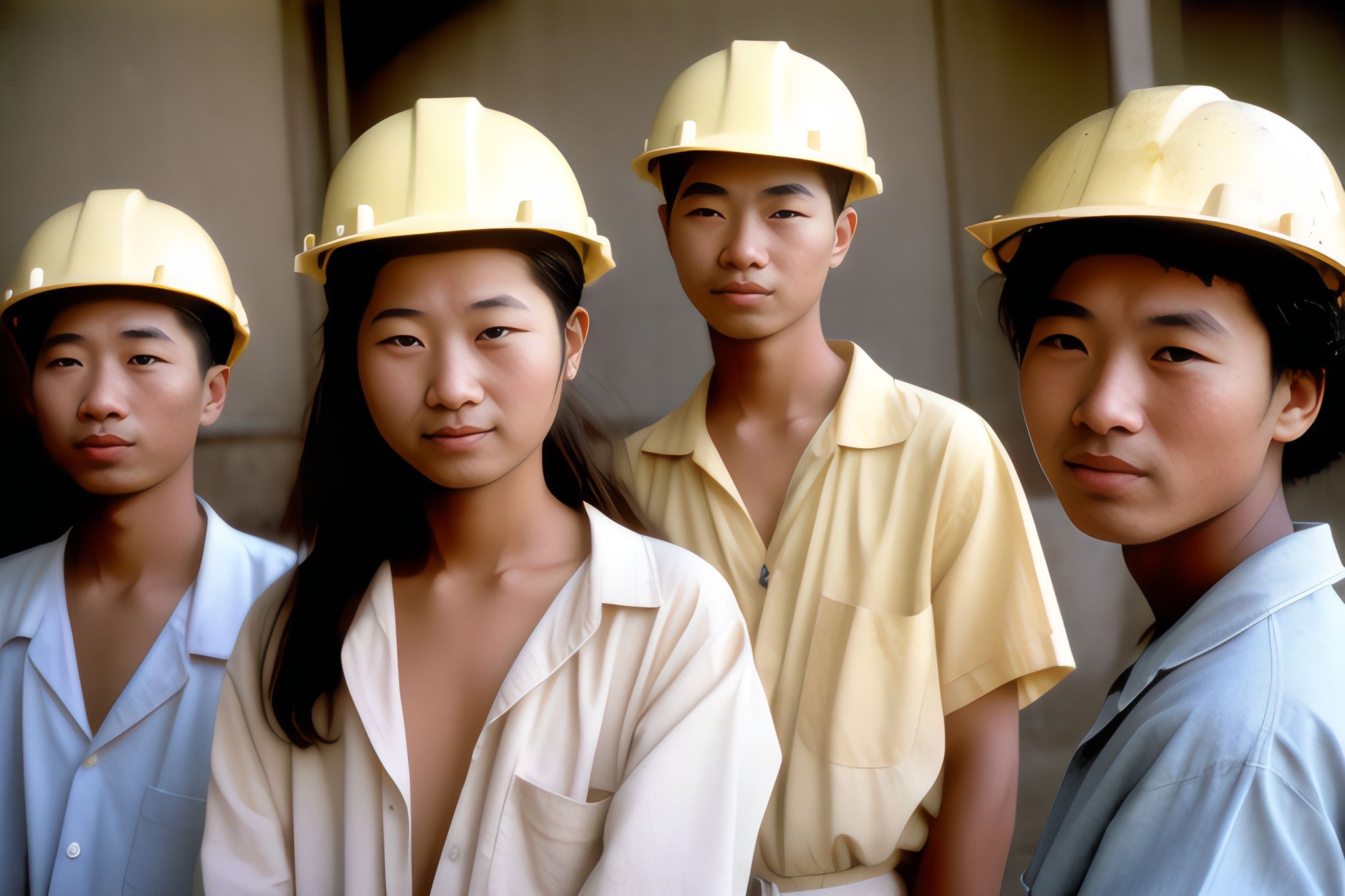 Four young Asian factory workers wearing hard hats.