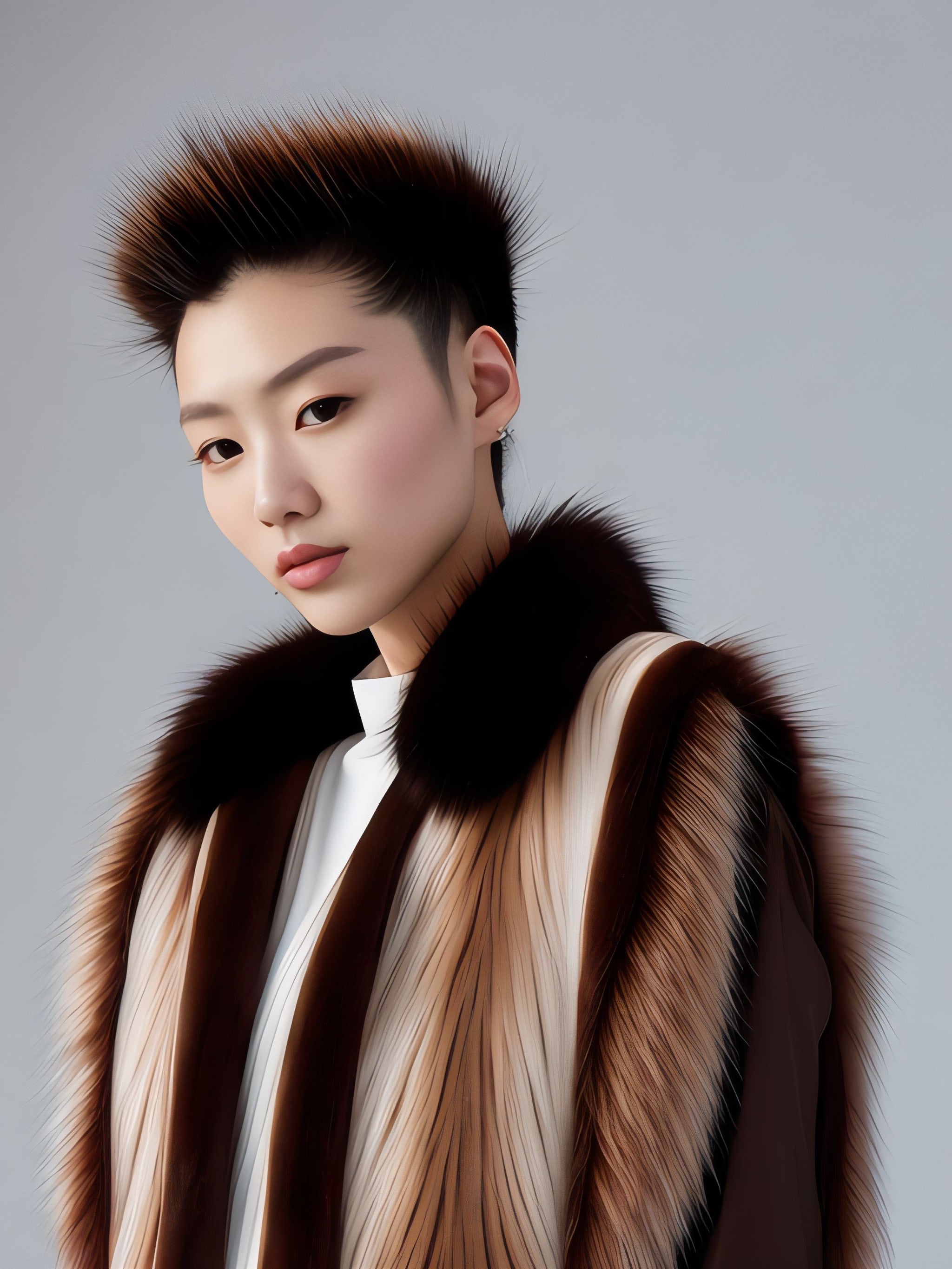 Portrait of a woman with short spiky hair wearing a brown and beige fur coat.