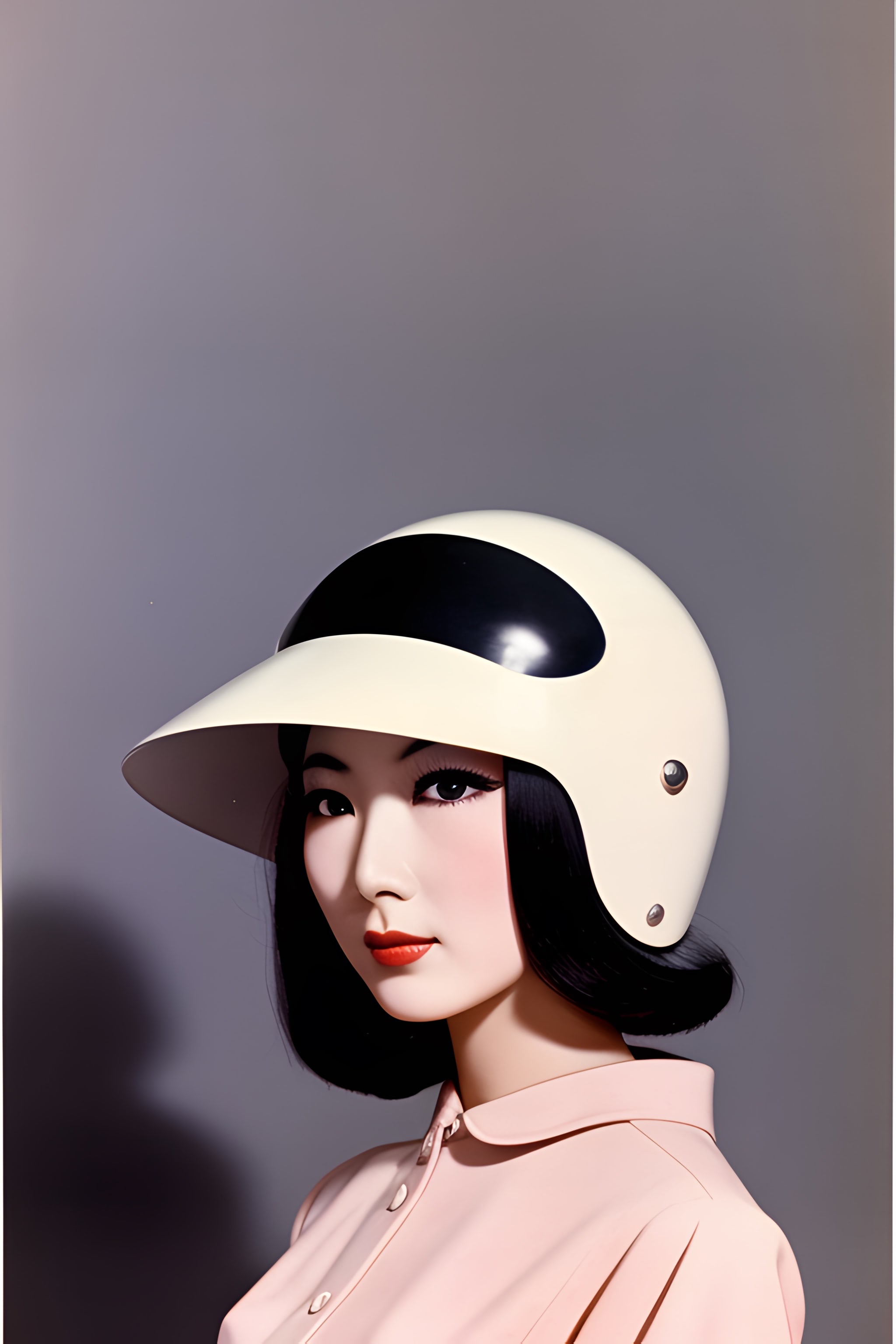 Woman with dark hair wearing a futuristic off-white helmet and pink collared shirt.