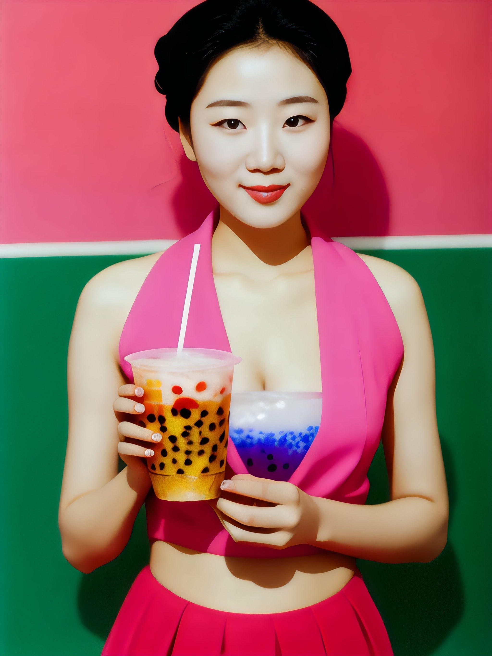 Woman in pink dress holding two bubble teas.