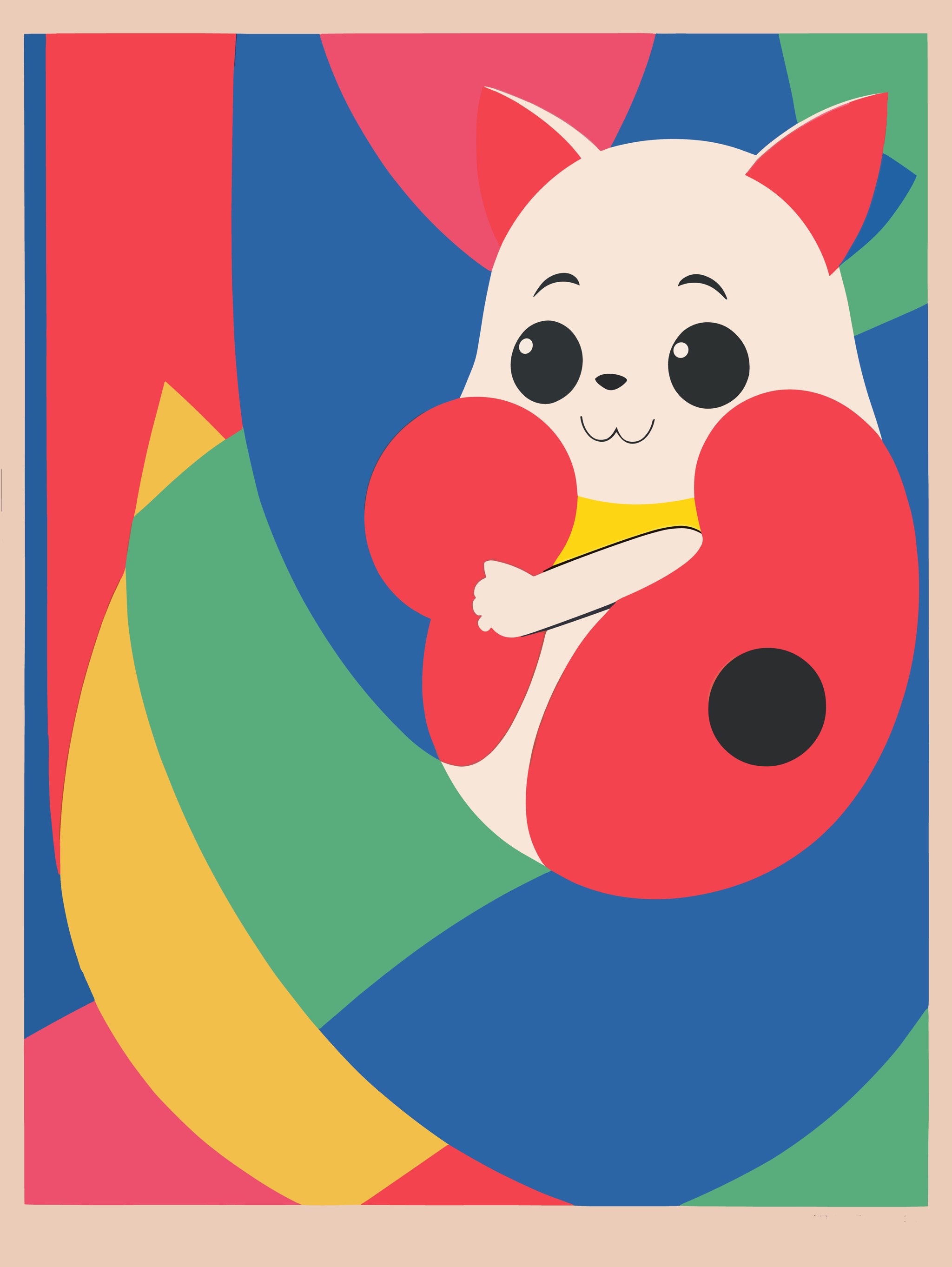 Cute cartoon cat mascot on colorful background.