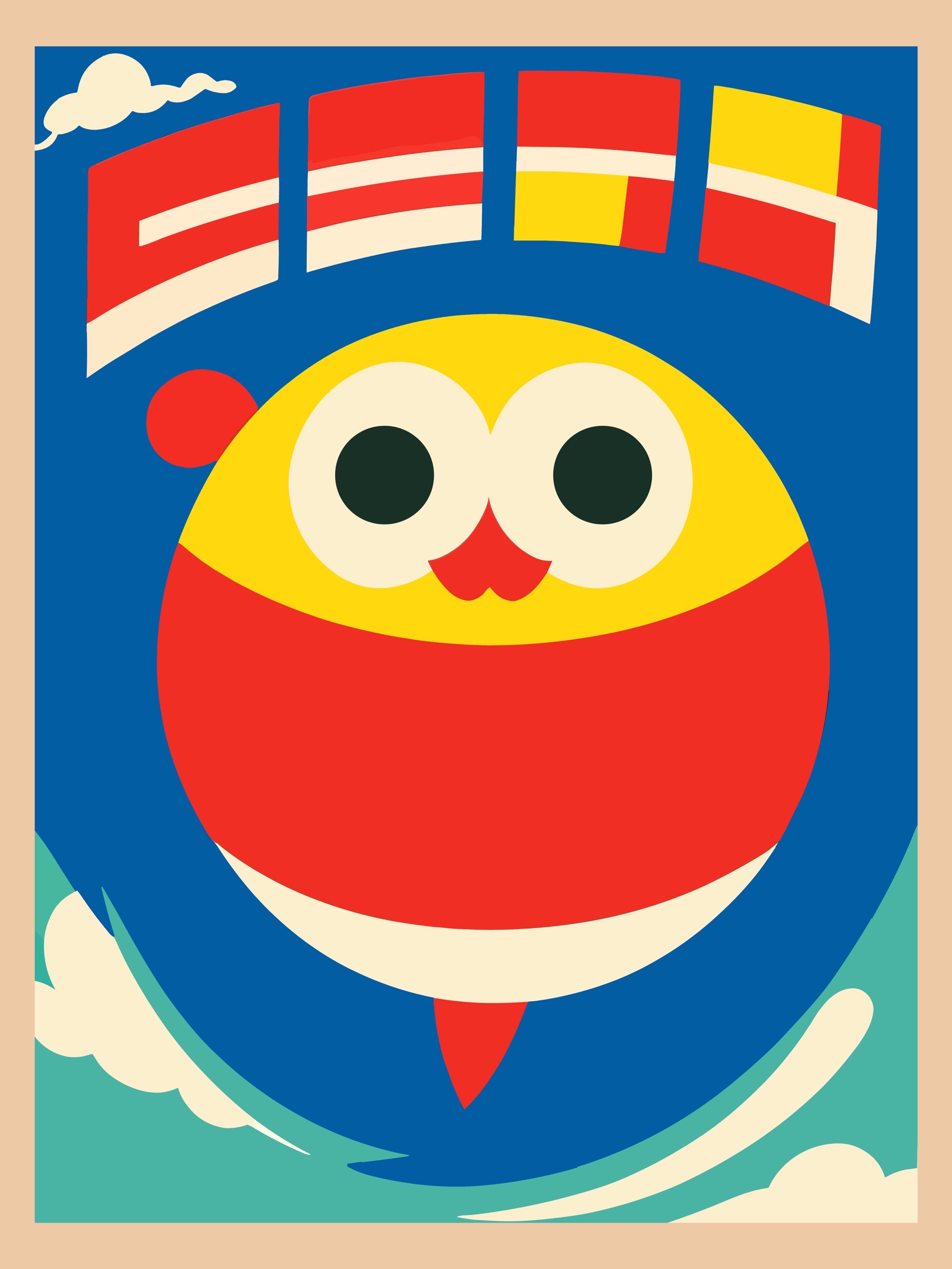 Retro-style illustration of a cute, round cartoon mascot with large eyes, soaring against a blue sky with stylized clouds and small flags.