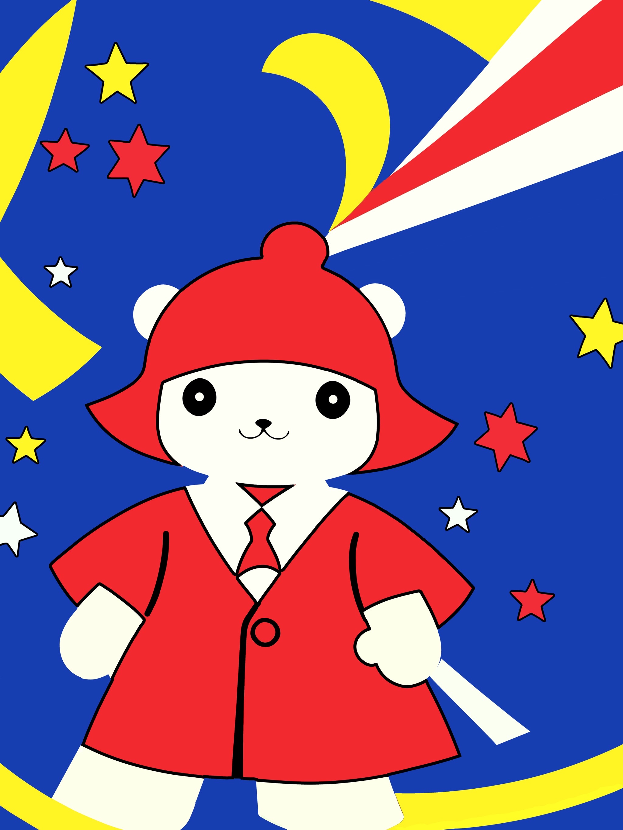 Cartoon polar bear wearing a red coat and hat against a blue background with stars and a crescent moon.