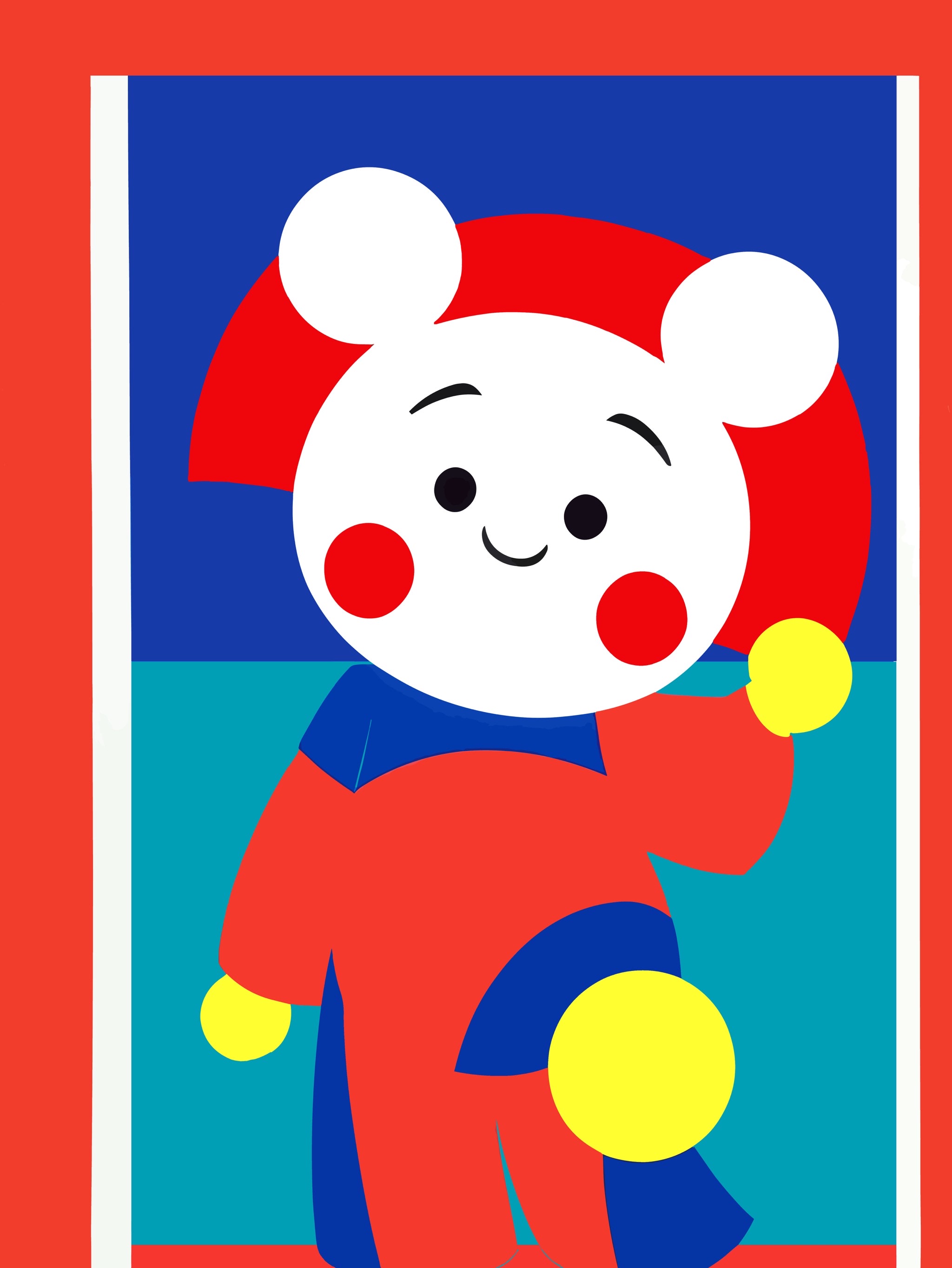 Smiling cartoon mascot with red hair and red and blue outfit.