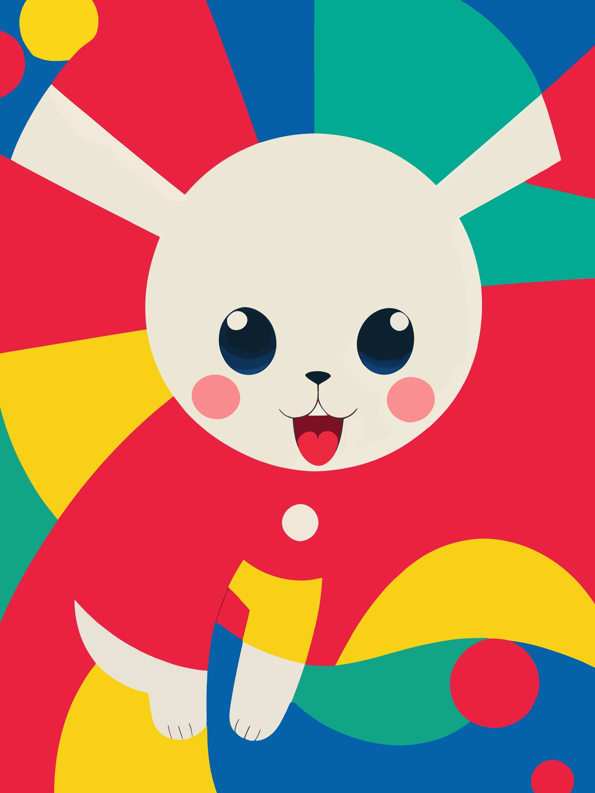 Cute cartoon bunny in colorful geometric background.