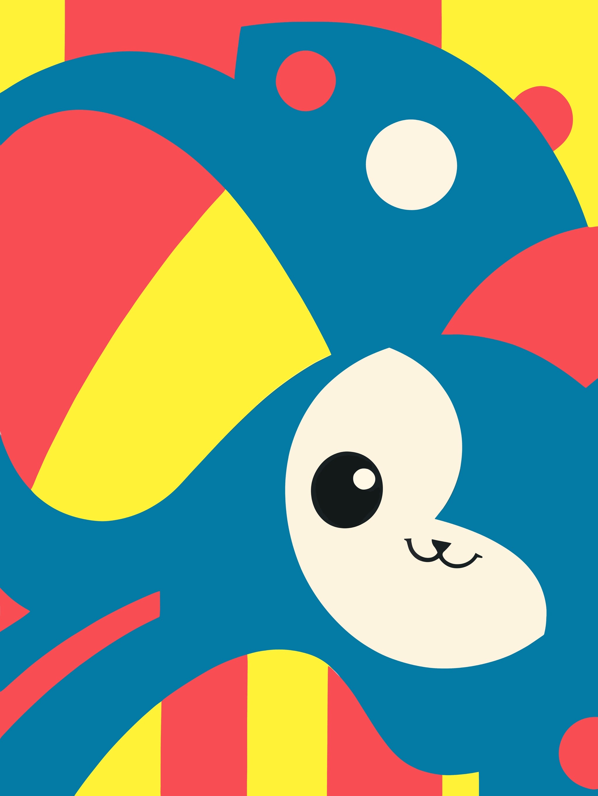 Cute cartoon mascot with large eyes, in teal, red, and yellow.