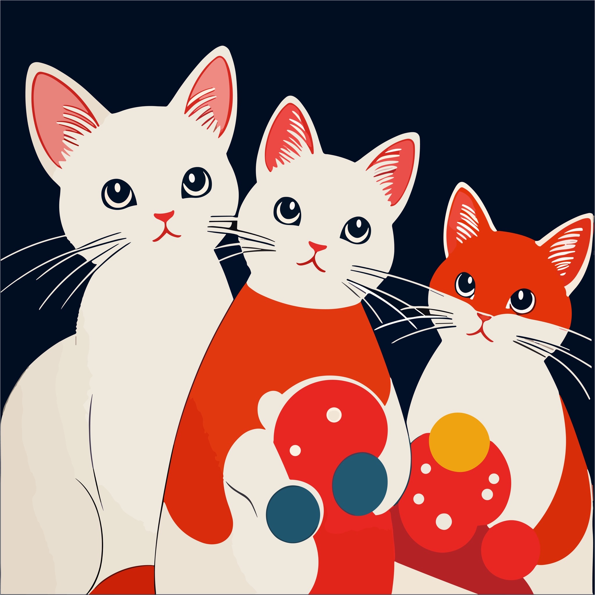 Three stylized cats in red and white, against a dark background.