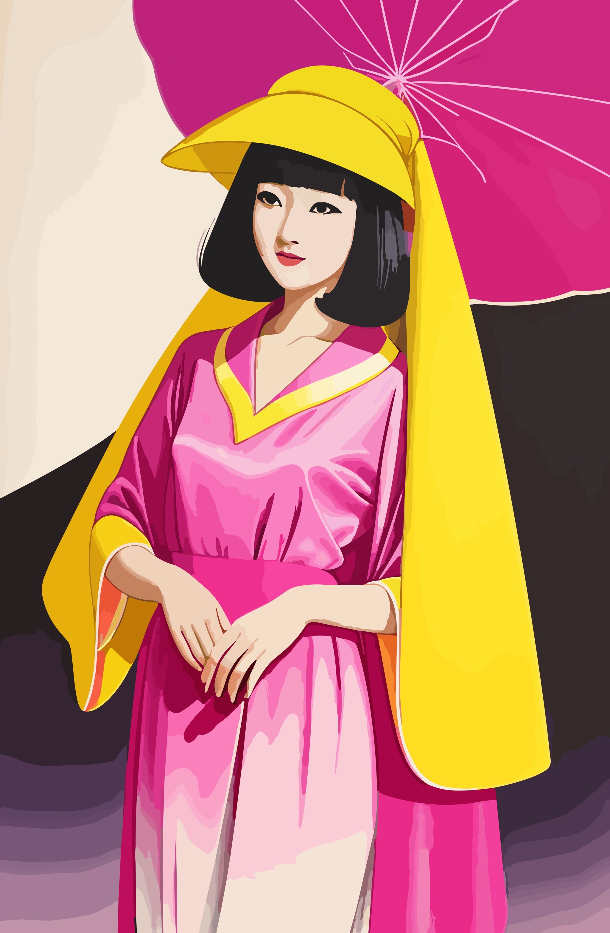 Illustration of a woman in retro Korean fashion wearing a pink dress and yellow hat.